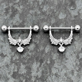 14G 9/16 Clear CZ Gem Alluring Wings Dangle Nipple Ring Set