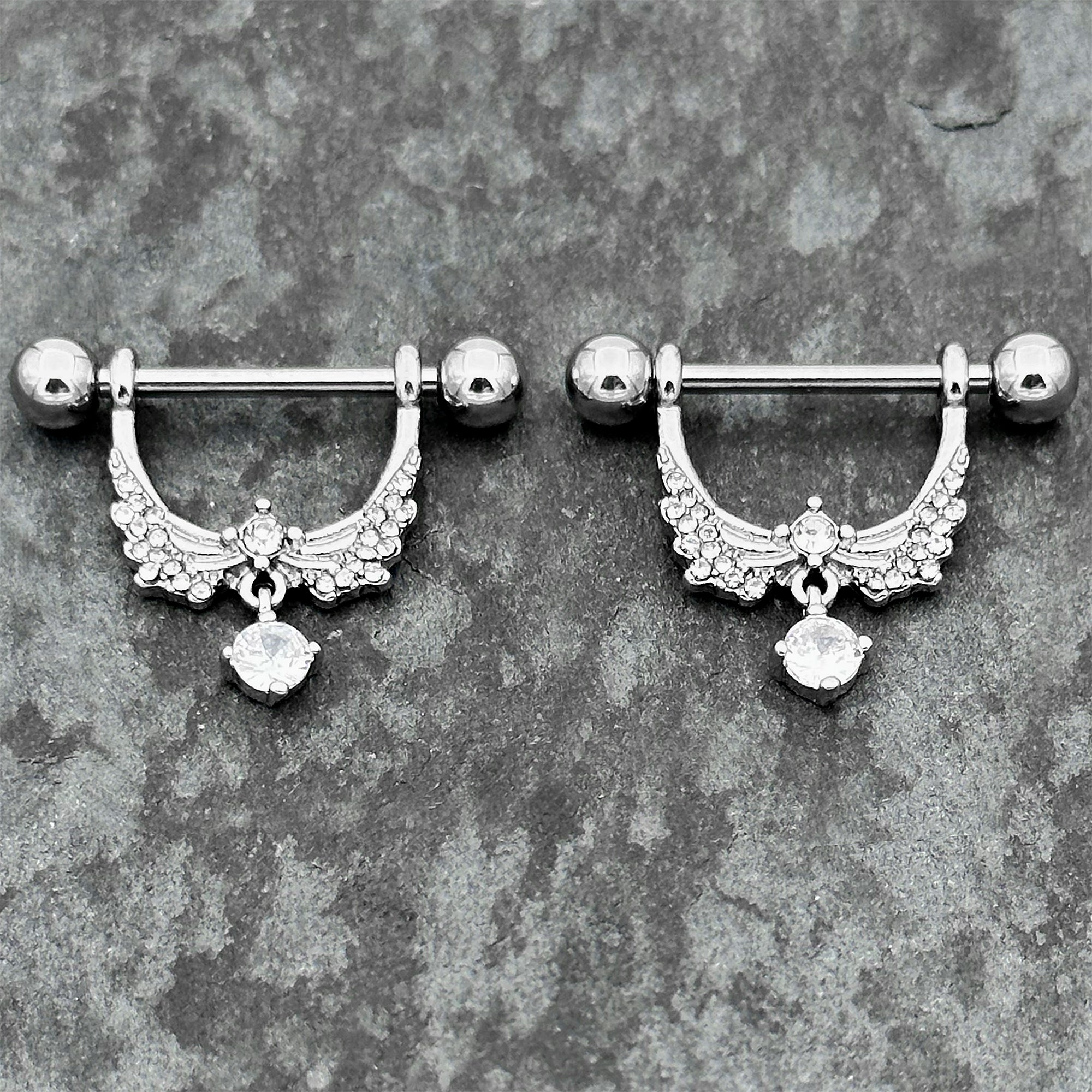 BodyCandy 14G 9/16 Clear CZ Gem Alluring Wings Dangle Nipple Ring Set — main product shot