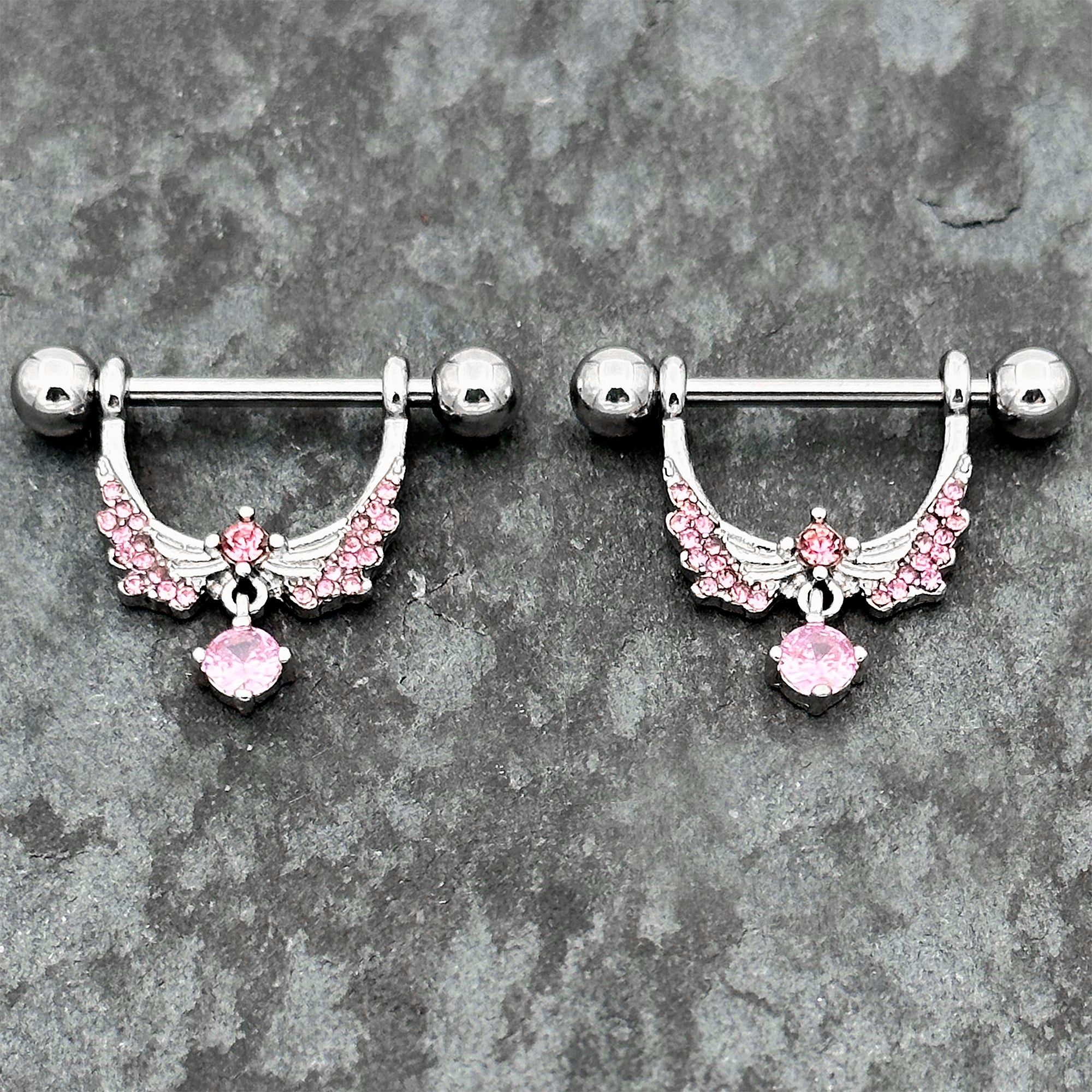 BodyCandy 14G 9/16 Pink CZ Gem Alluring Wings Dangle Nipple Ring Set — main product shot