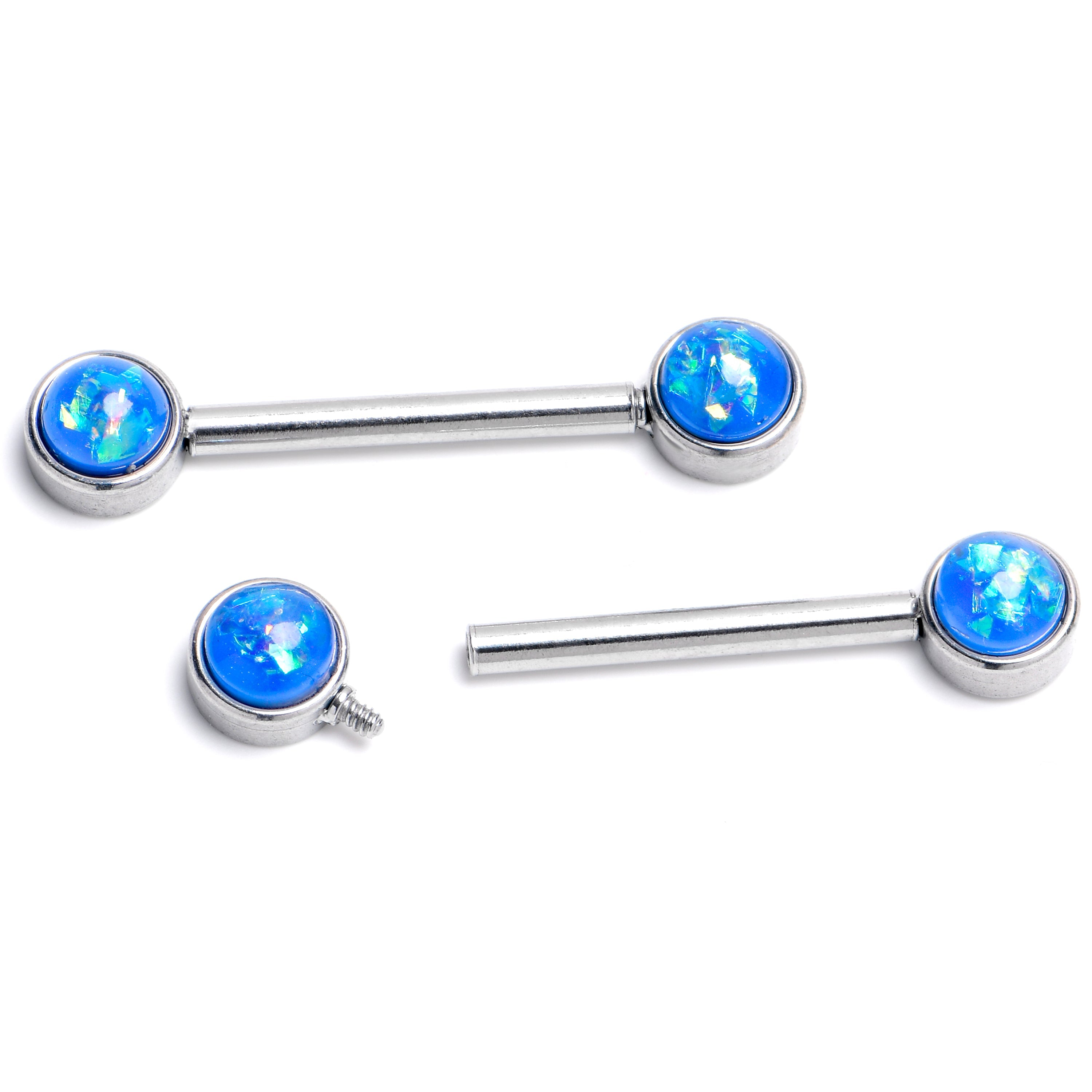 BodyCandy 14G 9/16 Blue Faux Opal Internally Threaded Barbell Nipple Ring Set — main product shot