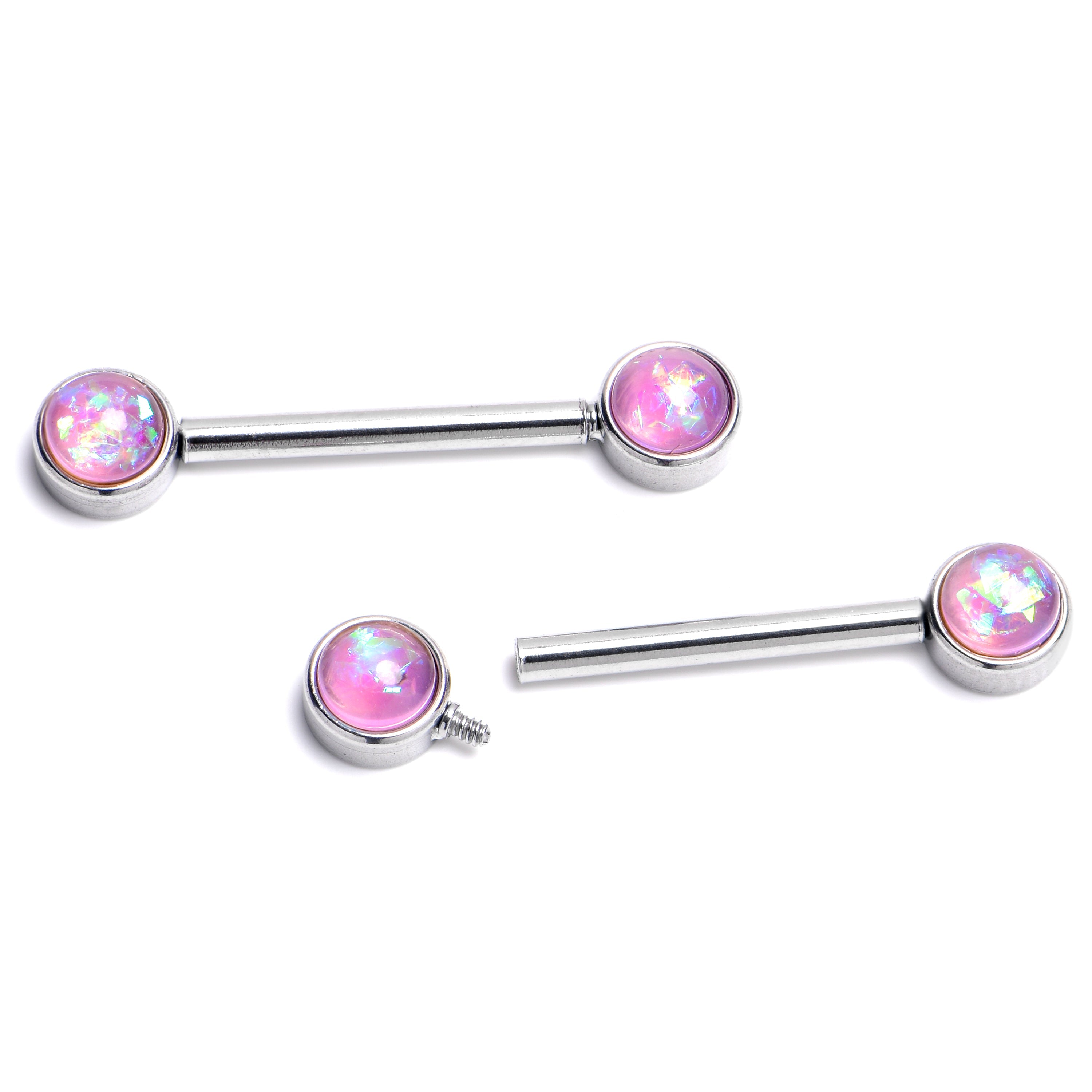 BodyCandy 14G 9/16 Pink Faux Opal Internally Threaded Barbell Nipple Ring Set — main product shot