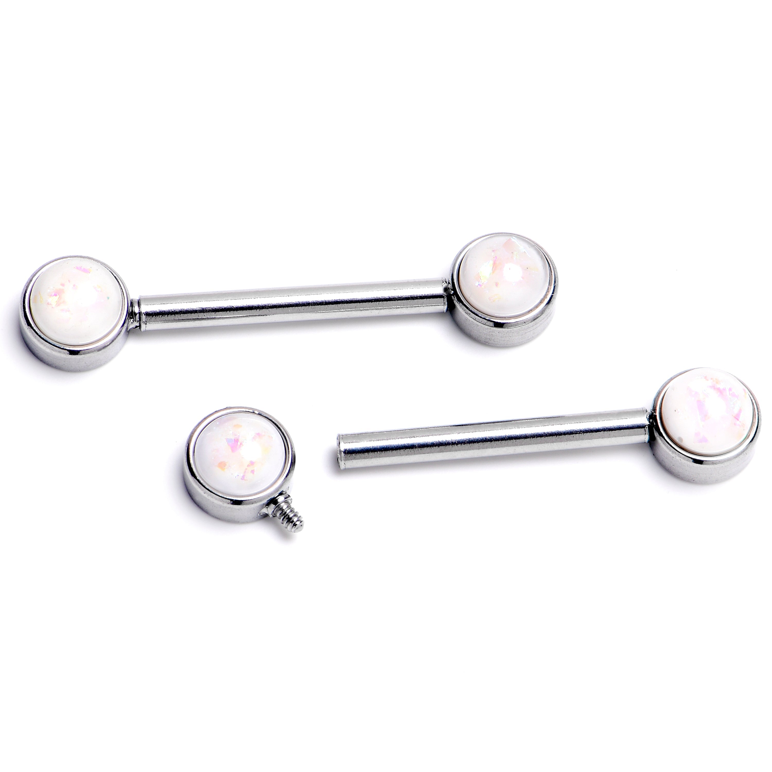 BodyCandy 14G 9/16 White Faux Opal Internally Threaded Barbell Nipple Ring Set — main product shot