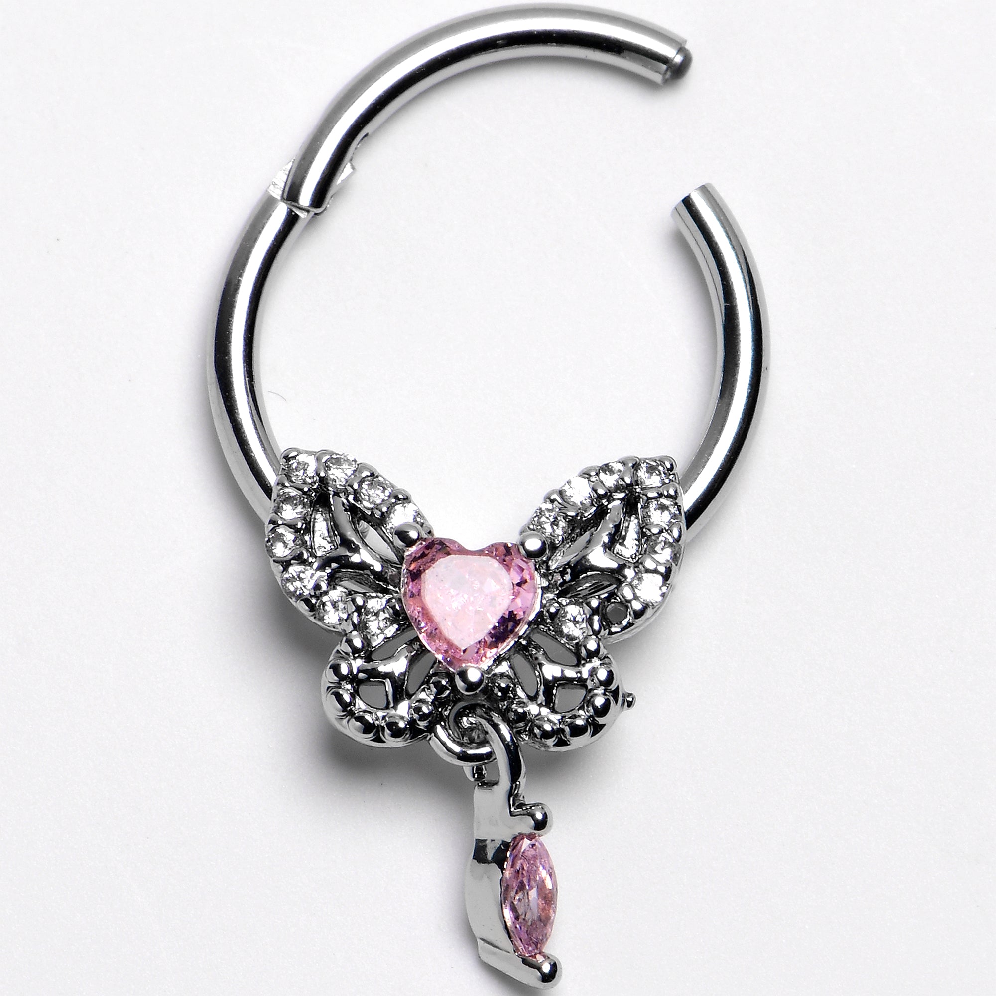 BodyCandy 16G 3/8 Clear Gem Whimsical Butterfly Segment Ring with Dangle — main product shot