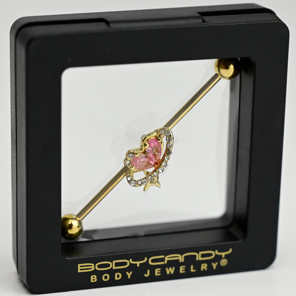 BodyCandy 14G Clear Pink Gem Gold Tone Circle Heart Industrial Barbell 38mm — main product shot