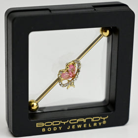 14G Clear Pink Gem Gold Tone Circle Heart Industrial Barbell 38mm