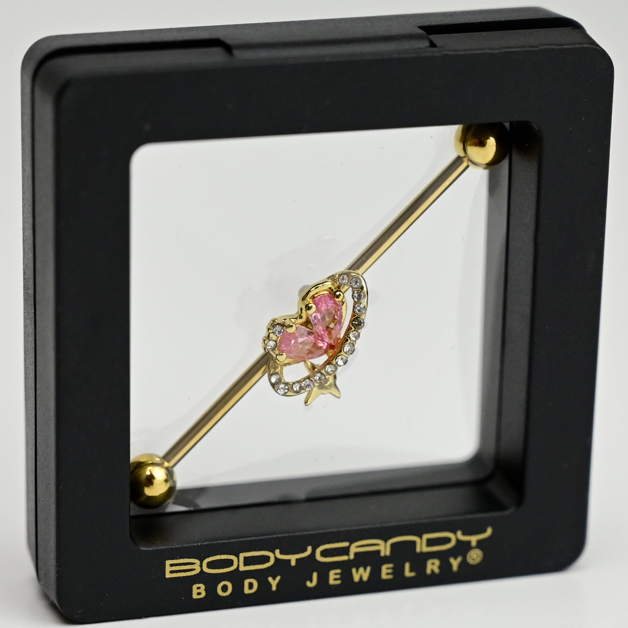 BodyCandy 14G Clear Pink Gem Gold Tone Circle Heart Industrial Barbell 38mm — main product shot