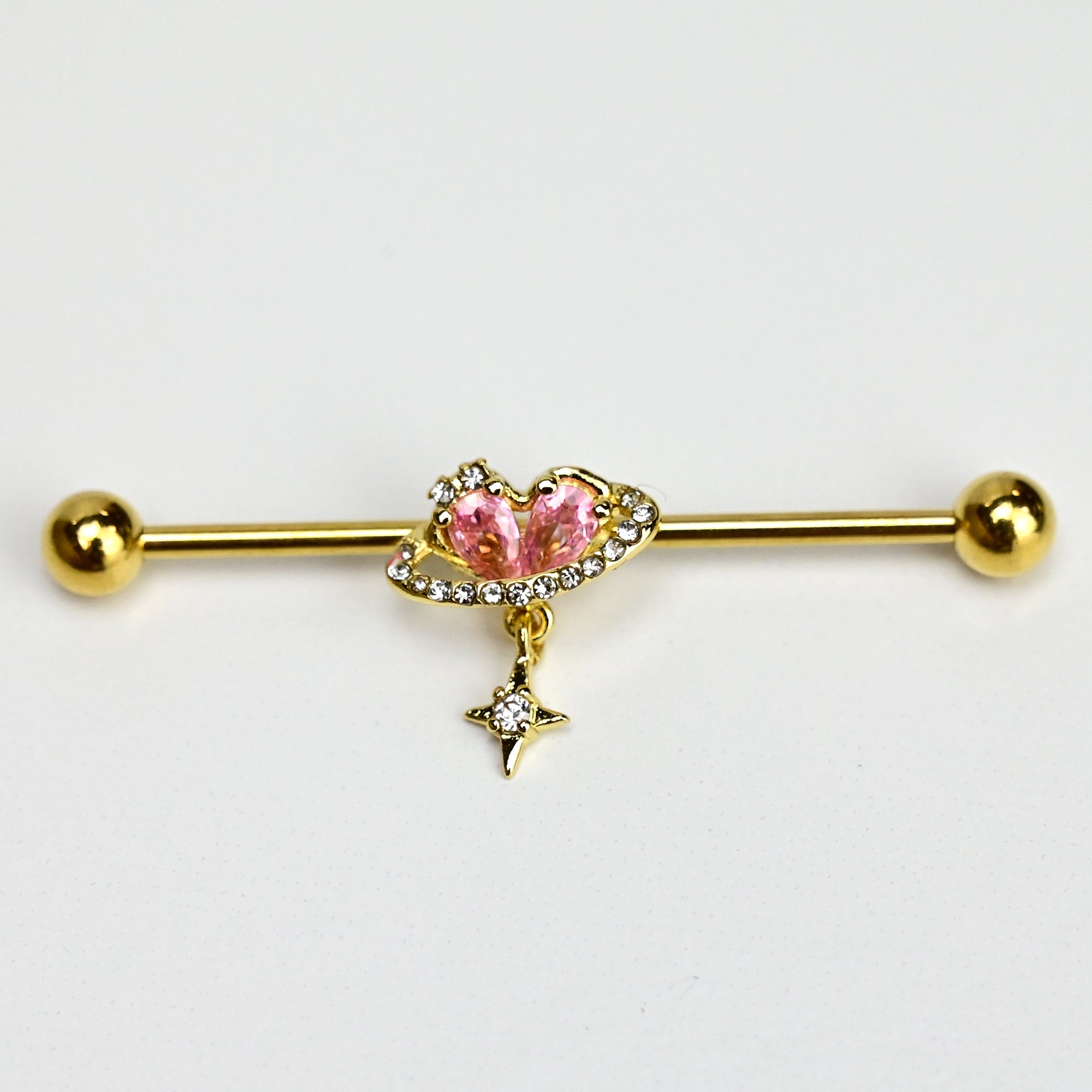 BodyCandy 14G Clear Pink Gem Gold Tone Circle Heart Industrial Barbell 38mm — detail close-up