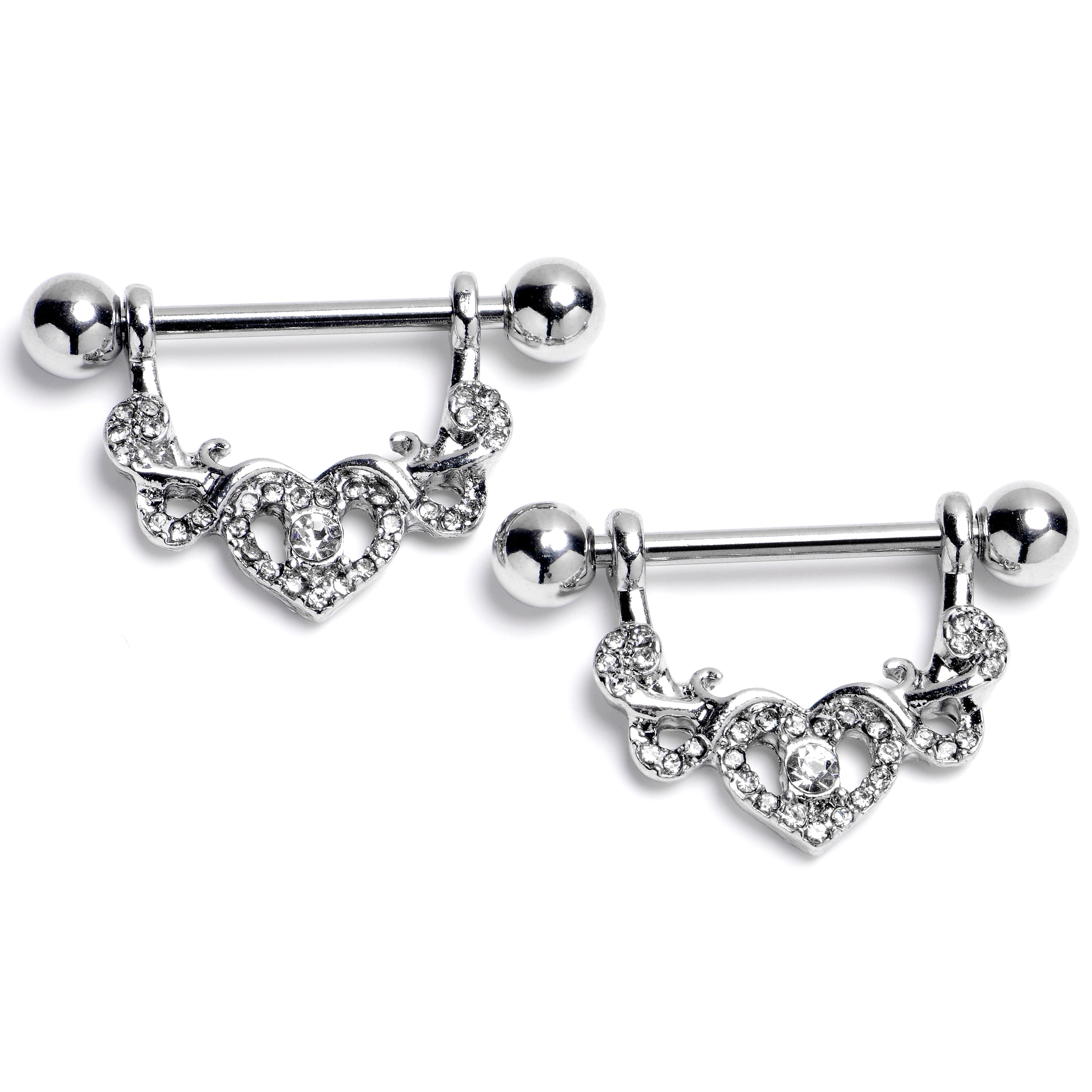 BodyCandy 14G 9/16 Clear Gem Ornate Hearts Dangle Nipple Ring Set — main product shot