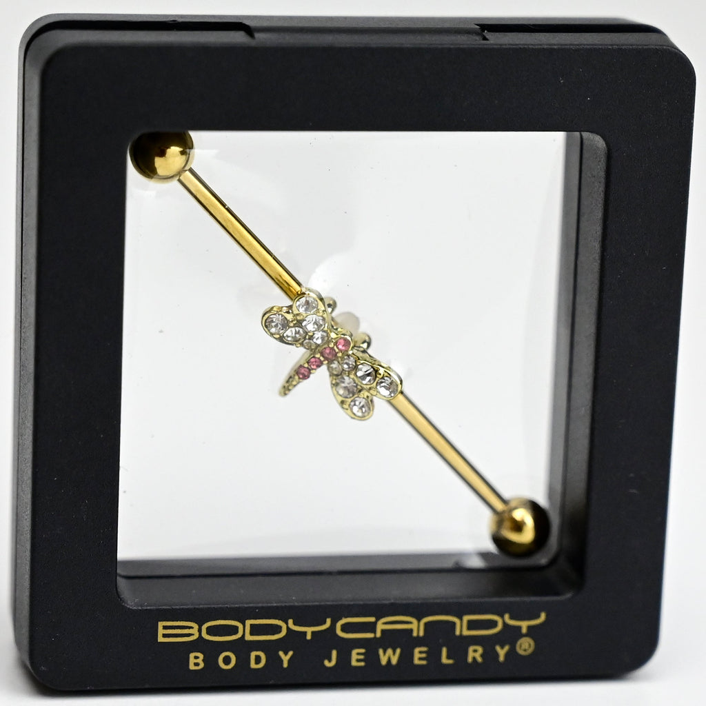 BodyCandy 14G Pink Clear Gem Gold Tone Dragonfly Industrial Barbell 38mm — main product shot