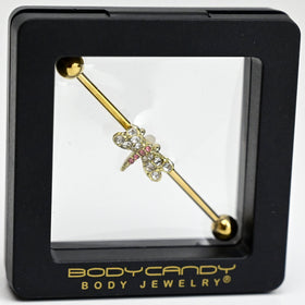 14G Pink Clear Gem Gold Tone Dragonfly Industrial Barbell 38mm