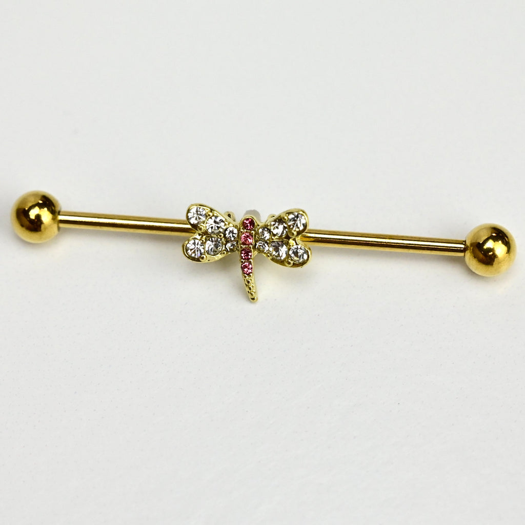 BodyCandy 14G Pink Clear Gem Gold Tone Dragonfly Industrial Barbell 38mm — detail close-up