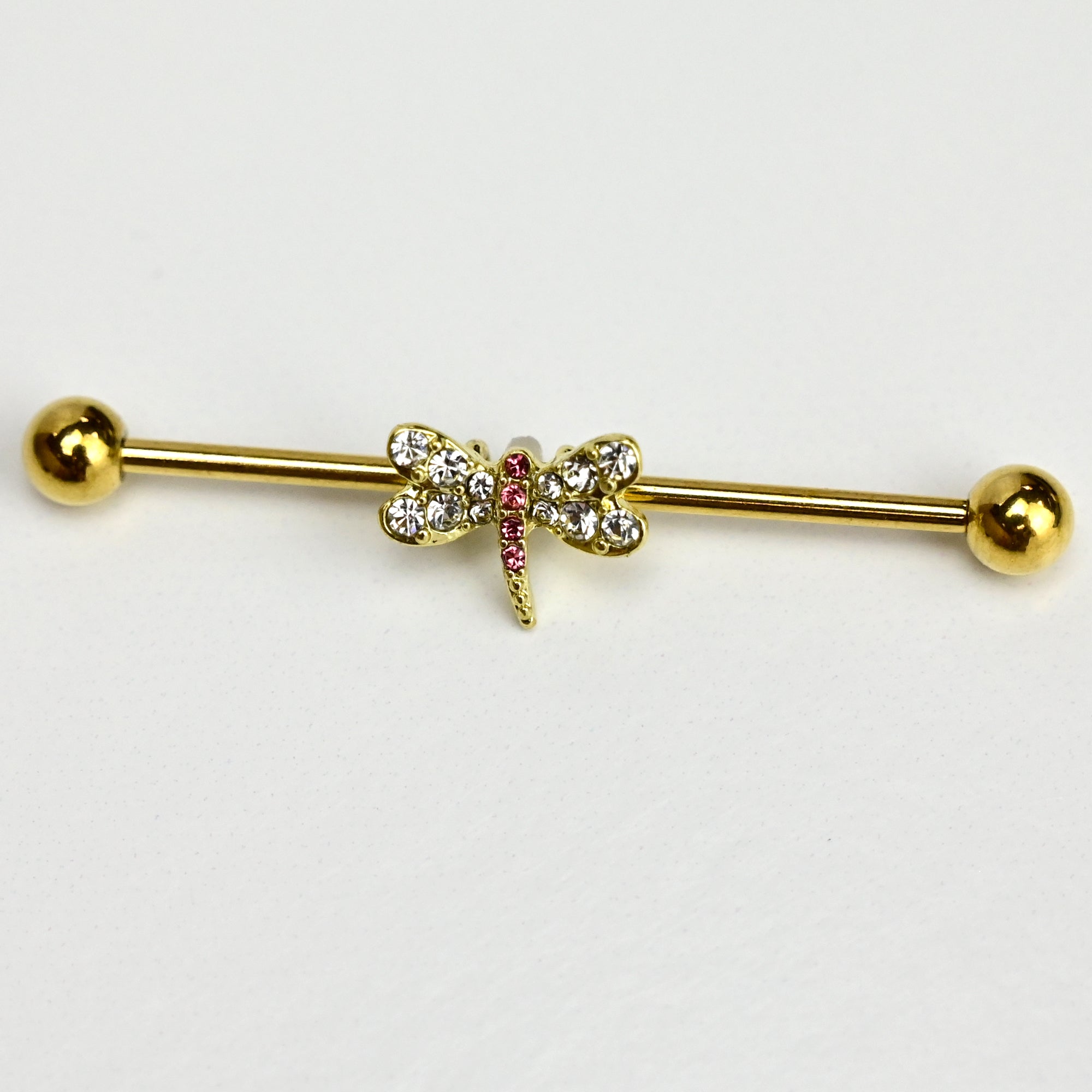 BodyCandy 14G Pink Clear Gem Gold Tone Dragonfly Industrial Barbell 38mm — detail close-up