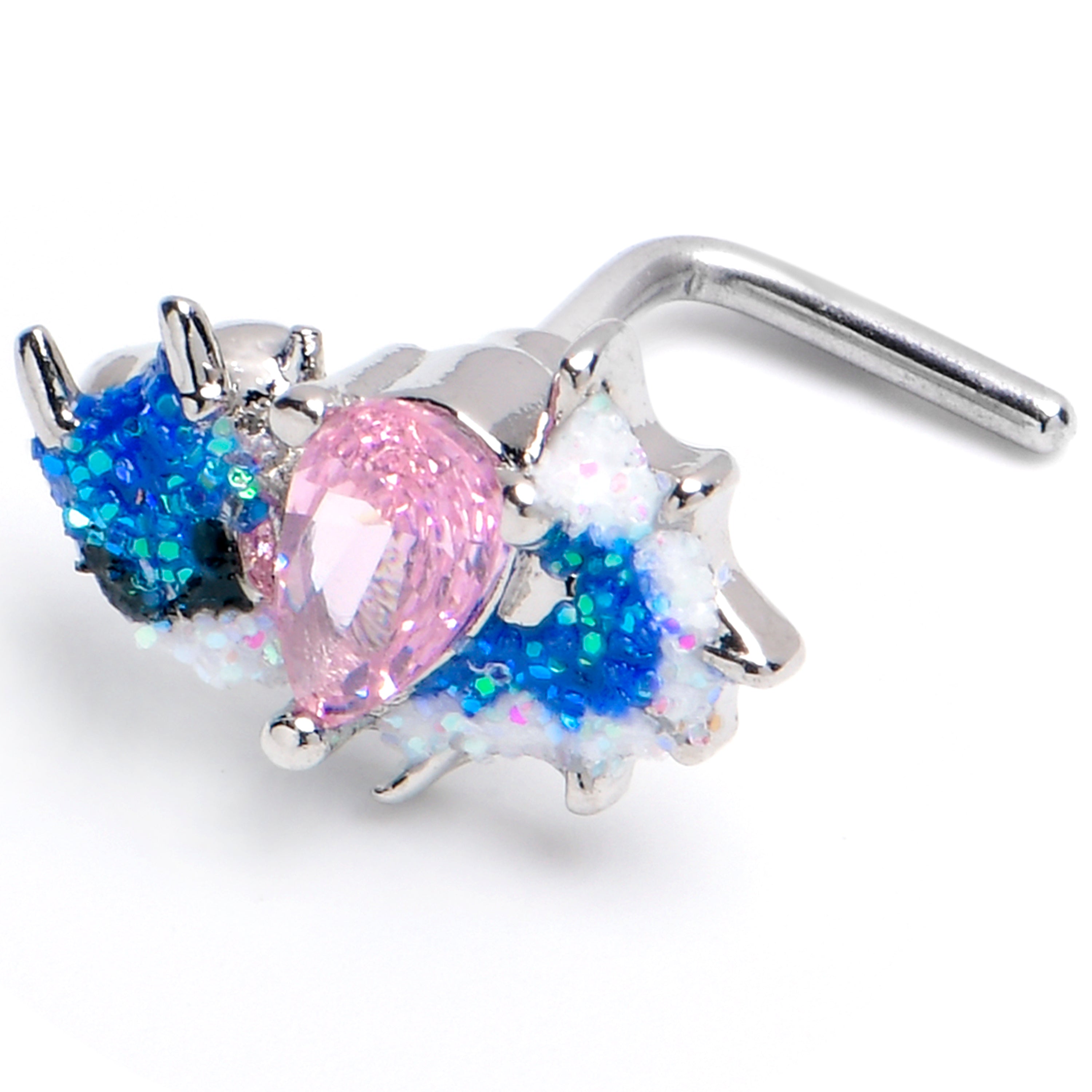 BodyCandy 20G 7mm Pink CZ Gem Sea Monster Glitter Blue L Shape Nose Ring — main product shot