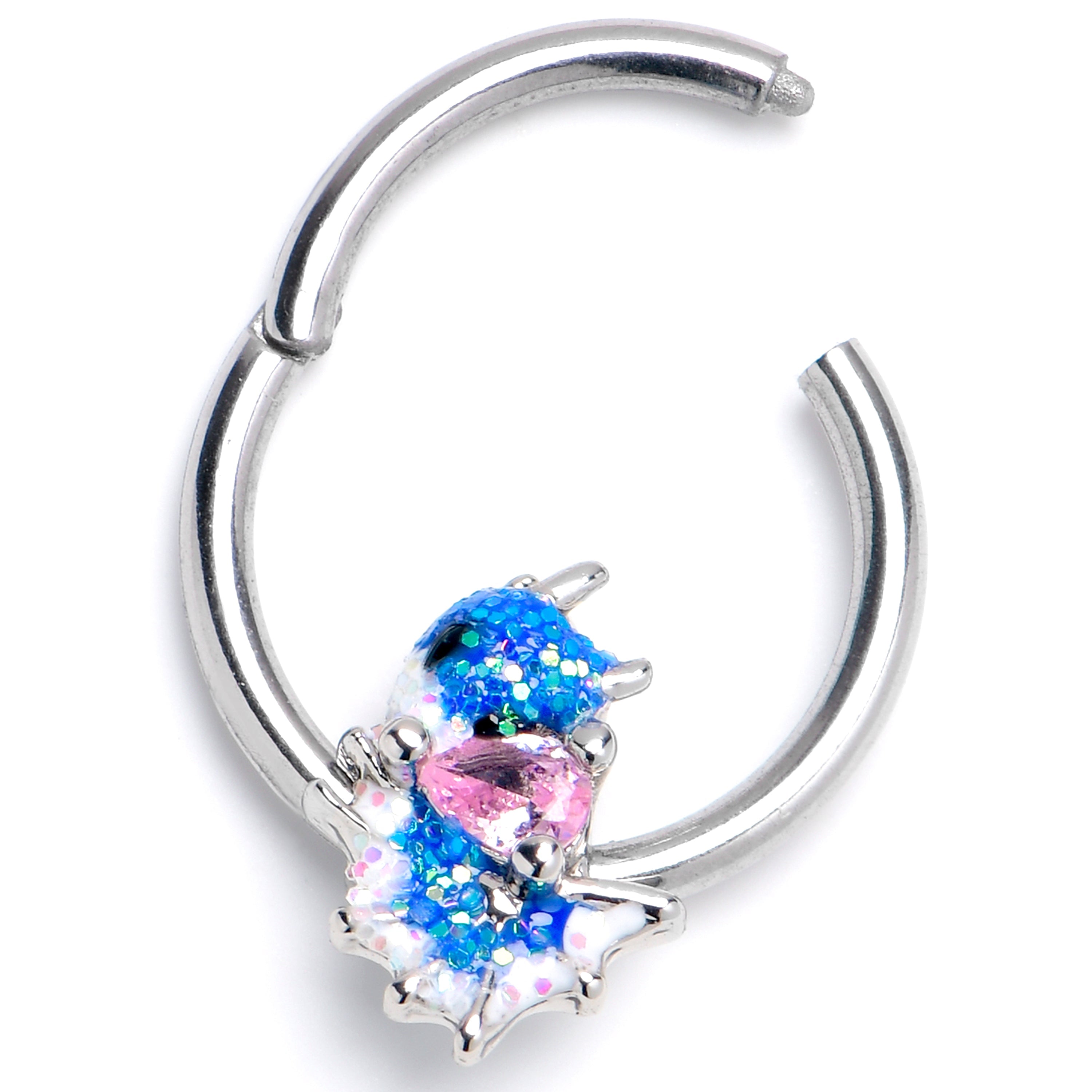 BodyCandy 16G 3/8 Pink CZ Gem Sea Monster Glitter Blue Hinged Segment Ring — main product shot