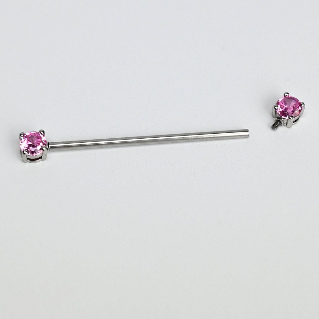 BodyCandy 14G Pink Gem Forward Facing Internally Threaded Industrial Barbell 38mm — detail close-up