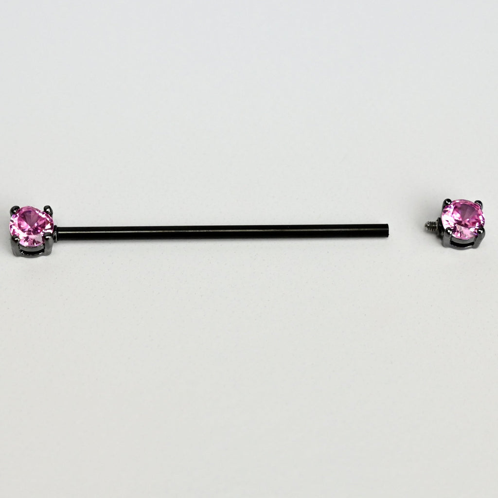 BodyCandy 14G Pink Gem Black Forward Facing Internally Threaded Industrial Barbell 38mm — detail close-up