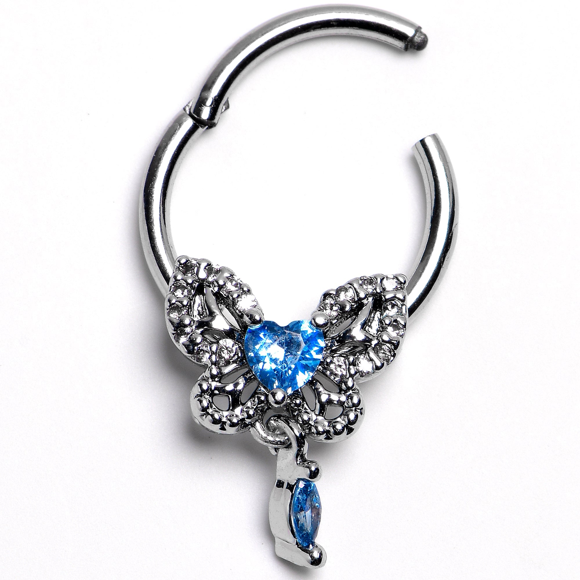 BodyCandy 16G 5/16 Blue Gem Whimsical Butterfly Segment Ring with Dangle — main product shot