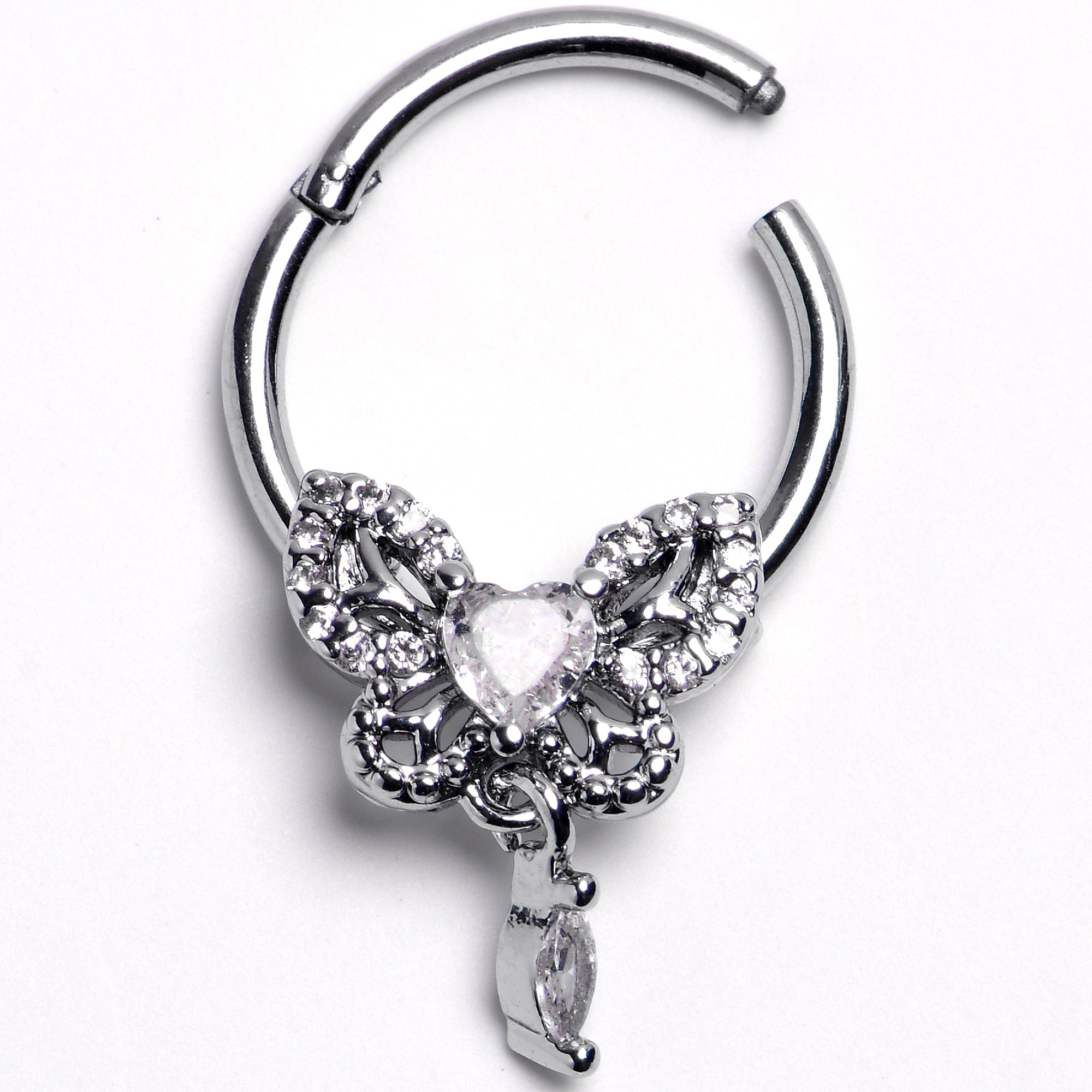 BodyCandy 16G 5/16 Clear Gem Whimsical Butterfly Segment Ring with Dangle — main product shot