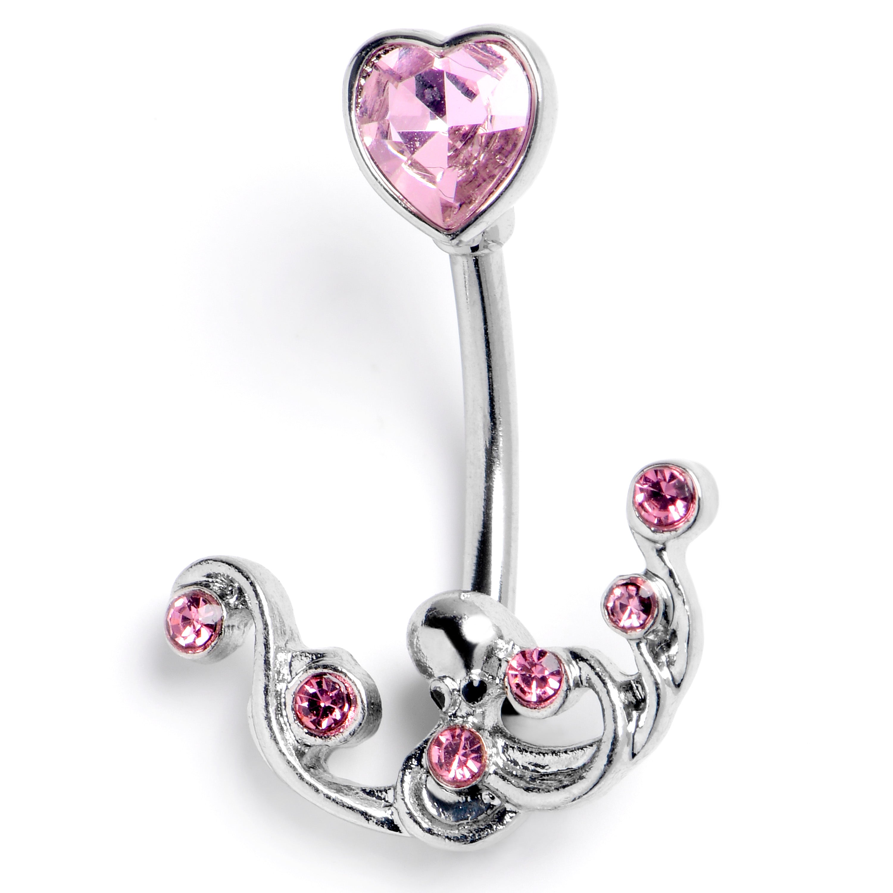 BodyCandy Pink Gem Heart Scrolling Elegance Double Mount Belly Ring — main product shot