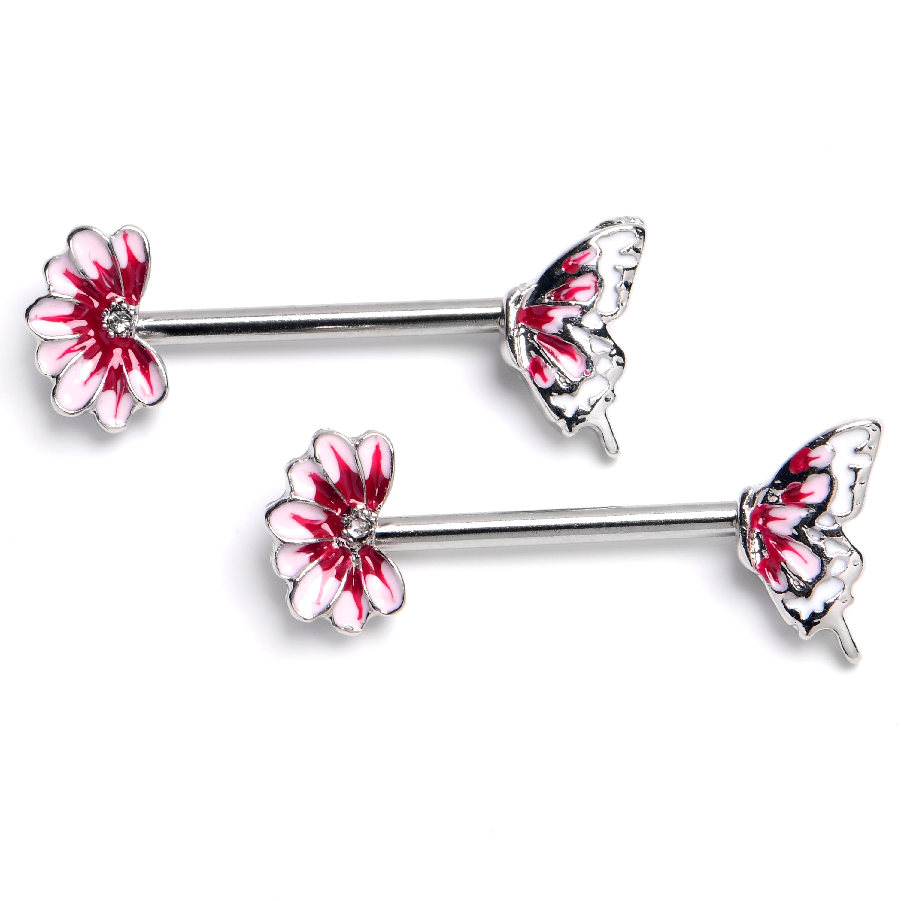 BodyCandy 14G 9/16 Clear CZ Gem Butterfly Blossom Pink Barbell Nipple Ring Set — main product shot