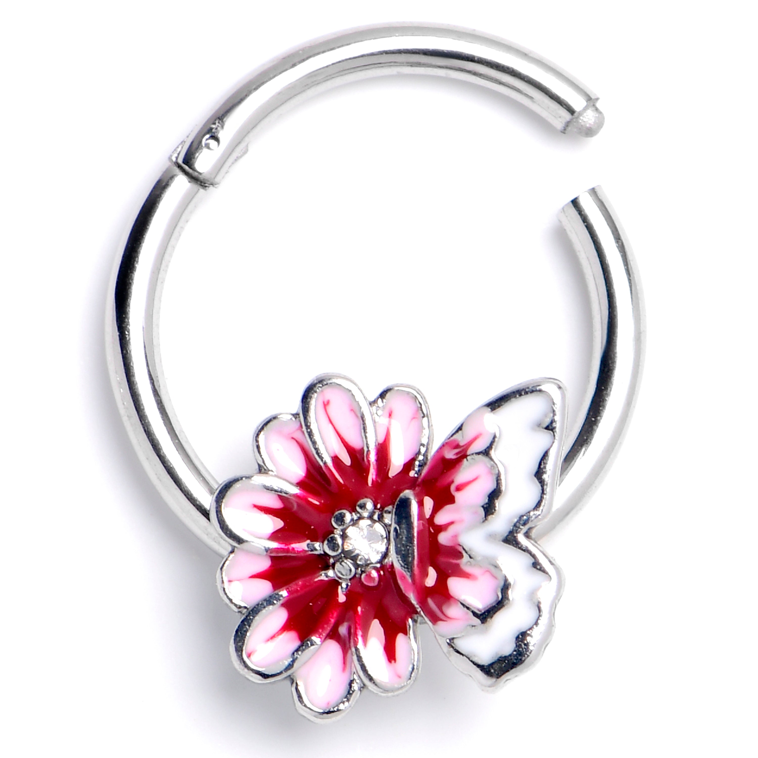 BodyCandy 16G 3/8 Clear CZ Gem Butterfly Blossom Pink Hinged Segment Ring — main product shot