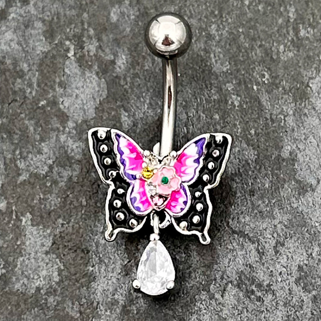 BodyCandy Clear Yellow Green Gem Exotic Butterfly Dangle Belly Ring — side view