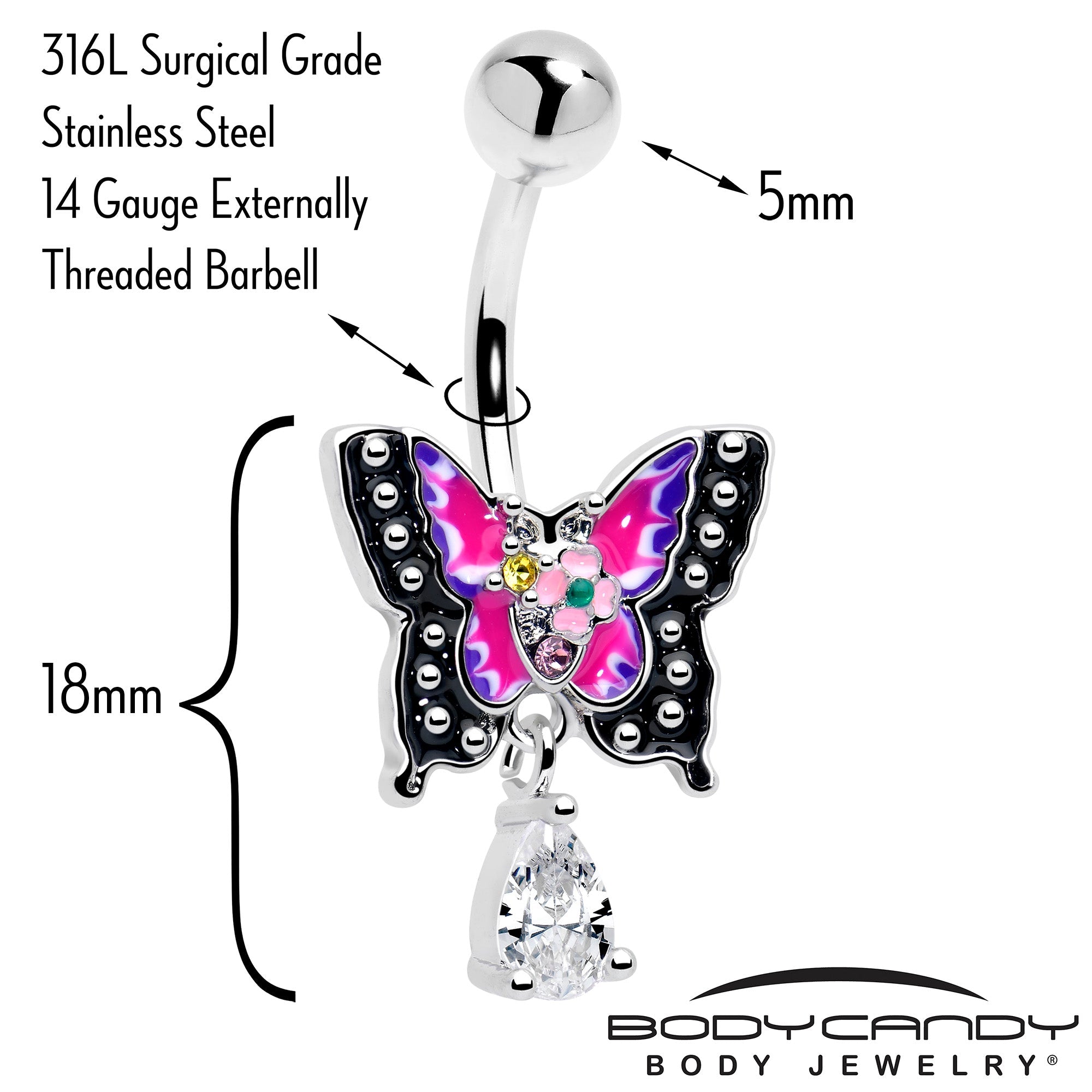 BodyCandy Clear Yellow Green Gem Exotic Butterfly Dangle Belly Ring — detail close-up
