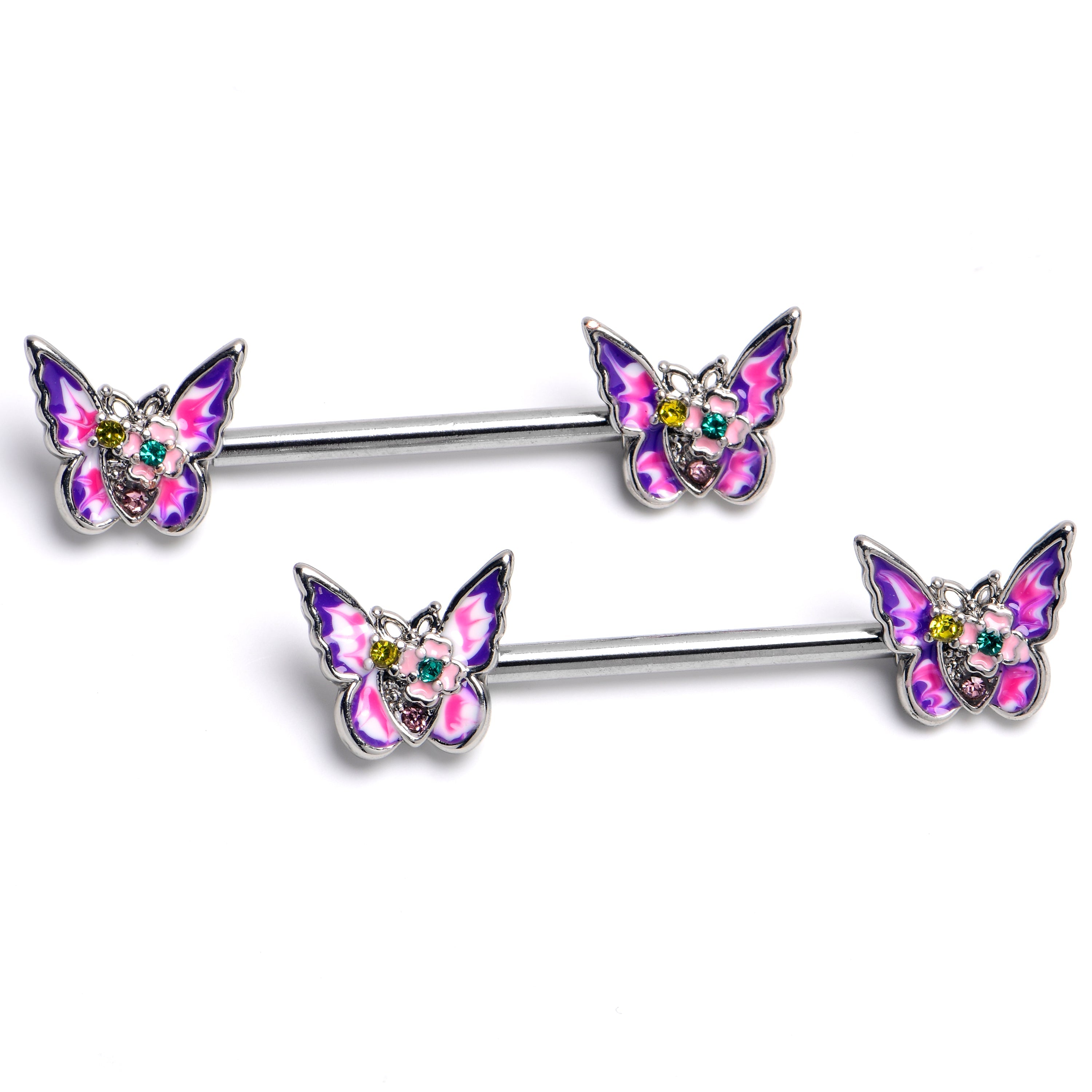 BodyCandy 14G 9/16 Yellow Green Gem Exotic Butterflies Barbell Nipple Ring Set — main product shot