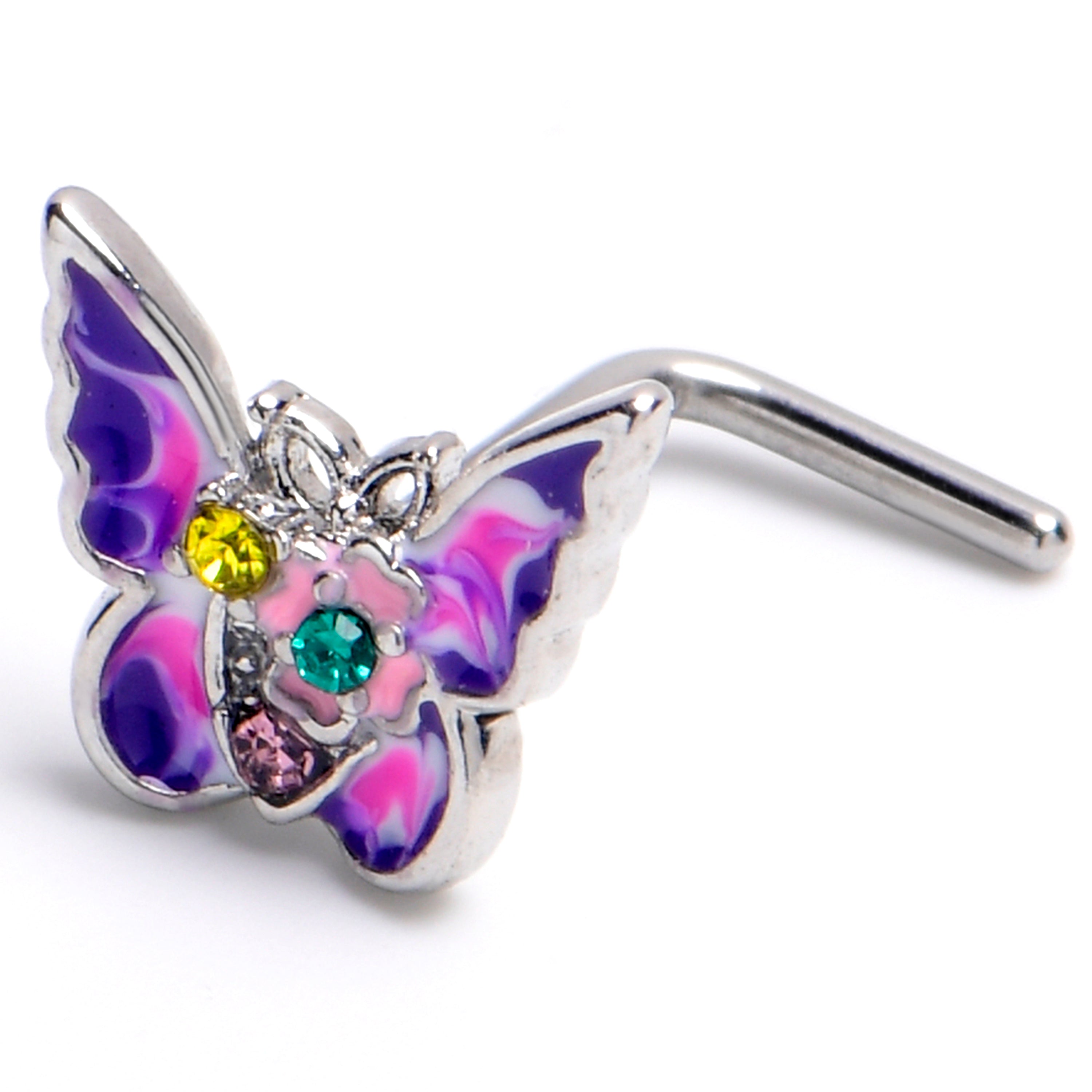 BodyCandy 20G 7mm Yellow Green Gem Exotic Butterfly L Shape Nose Ring — main product shot