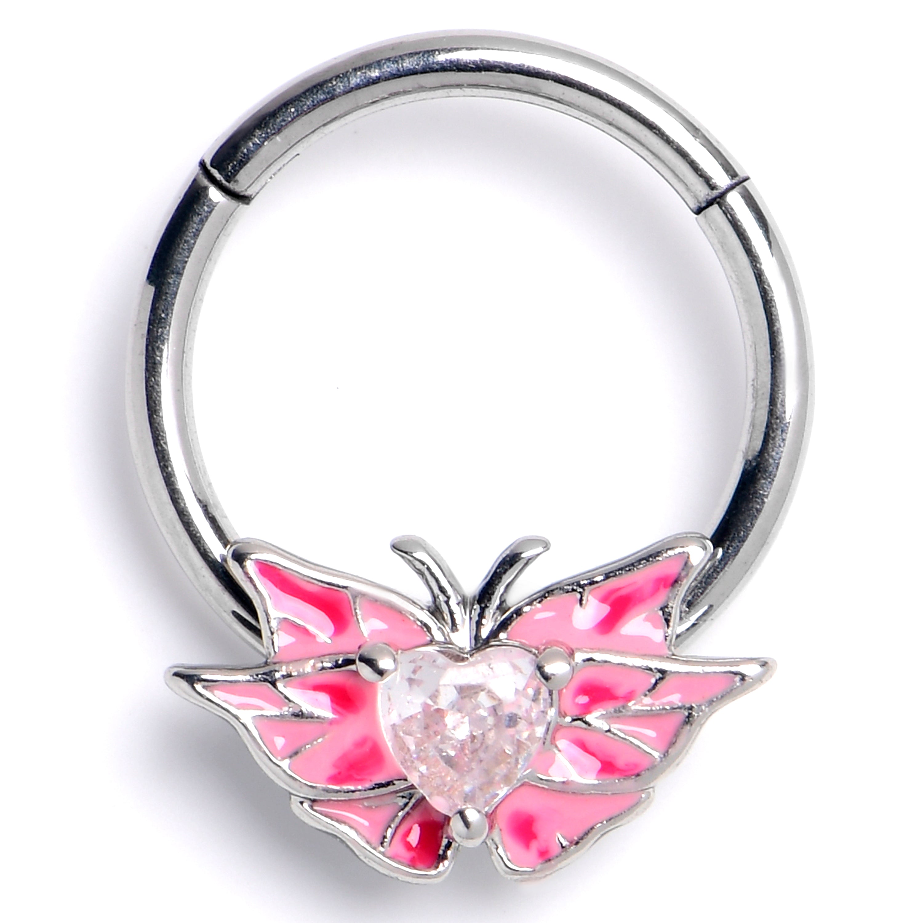 BodyCandy 16G 3/8 Pink CZ Gem Heart Butterfly Pink Hinged Segment Ring — main product shot