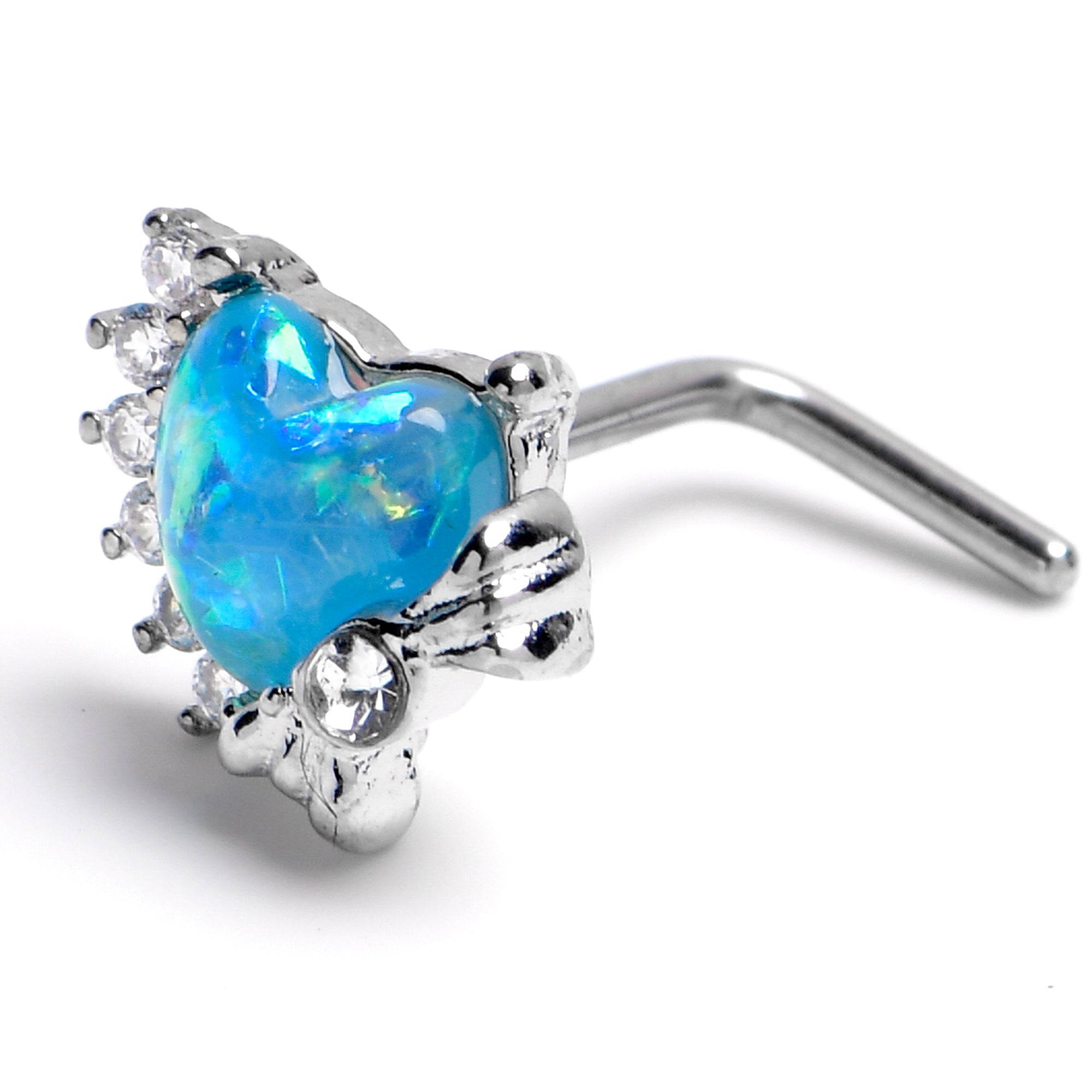 BodyCandy 20G 7mm Blue Faux Opal Sunny Heart L Shape Nose Ring — main product shot