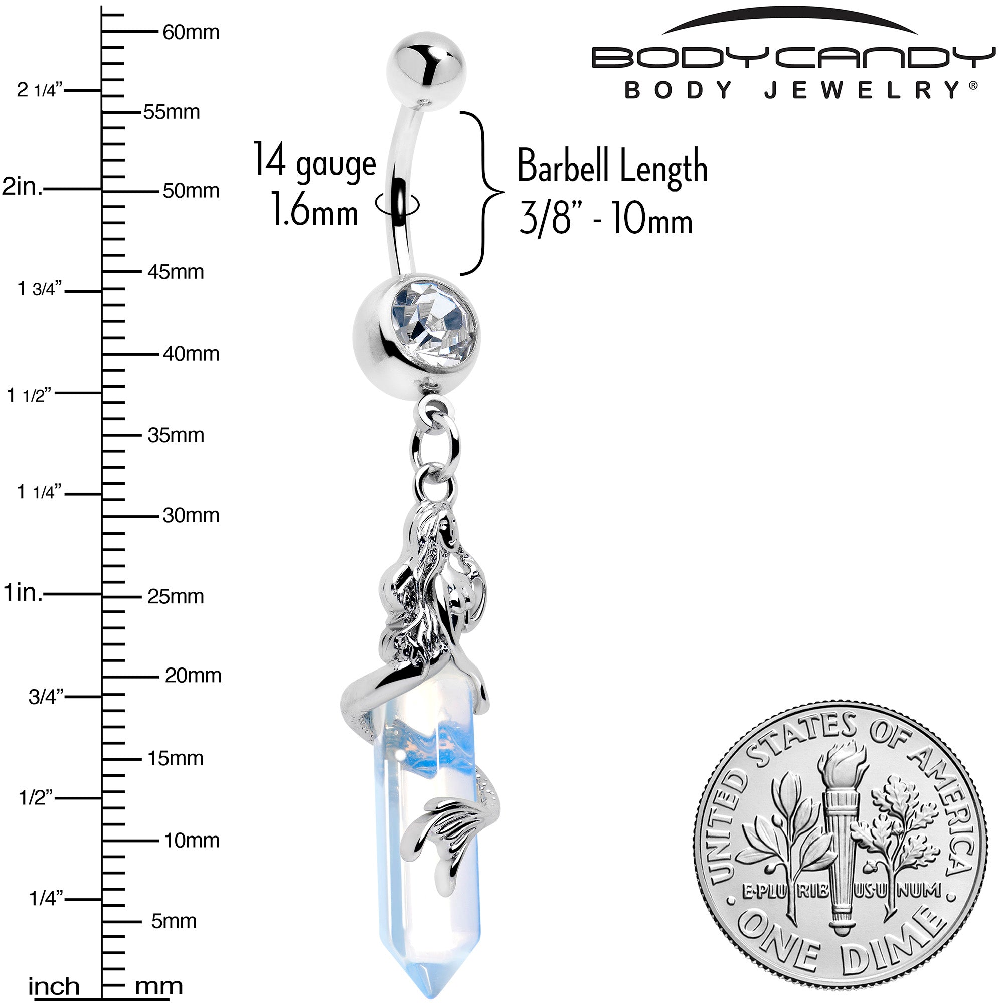 BodyCandy Clear Gem Mermaid Rider Dangle Belly Ring — side view