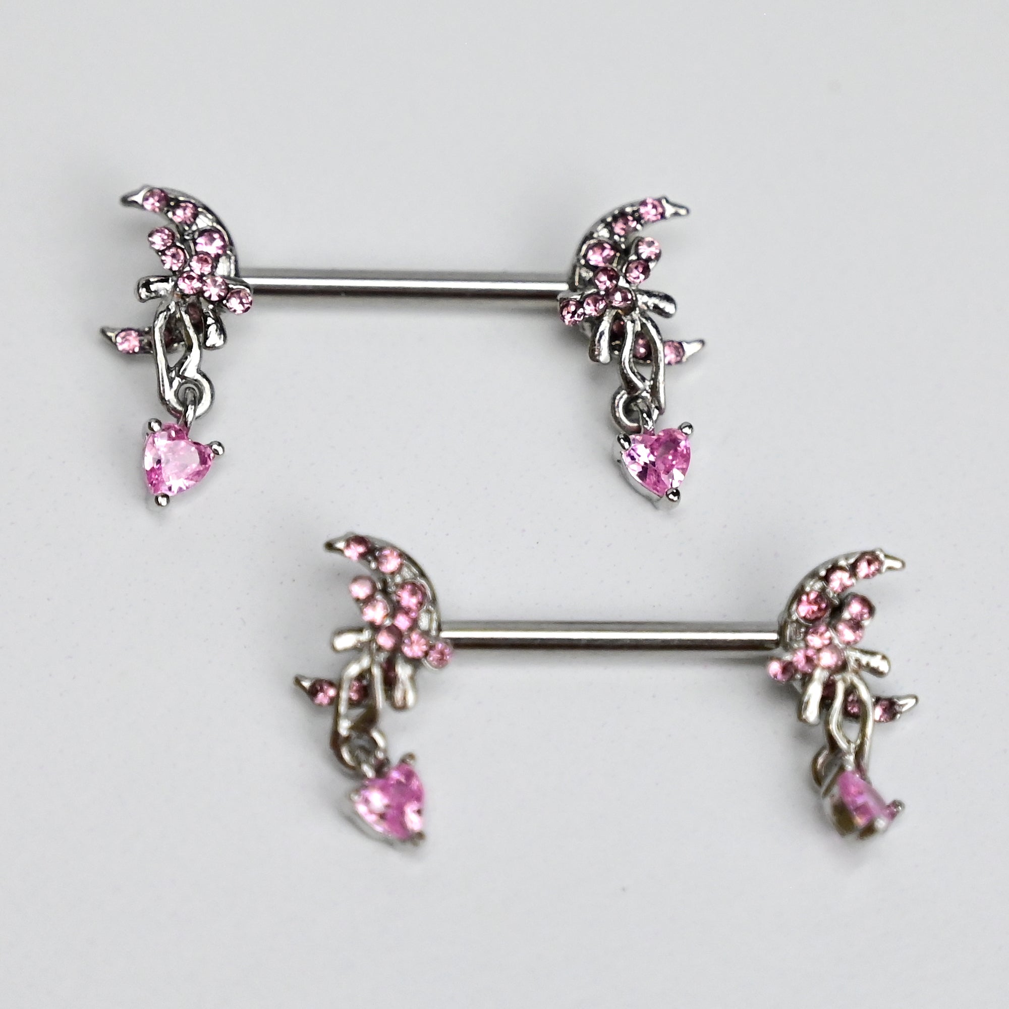 BodyCandy 14G 9/16 Pink Gem Moon Bow Heart Dangle Nipple Ring Set — main product shot