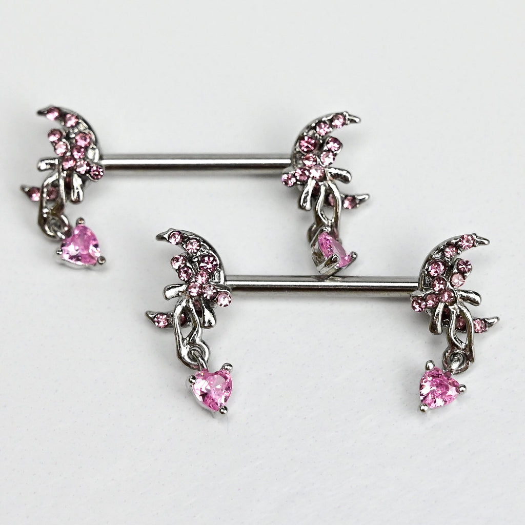 BodyCandy 14G 9/16 Pink Gem Moon Bow Heart Dangle Nipple Ring Set — detail close-up