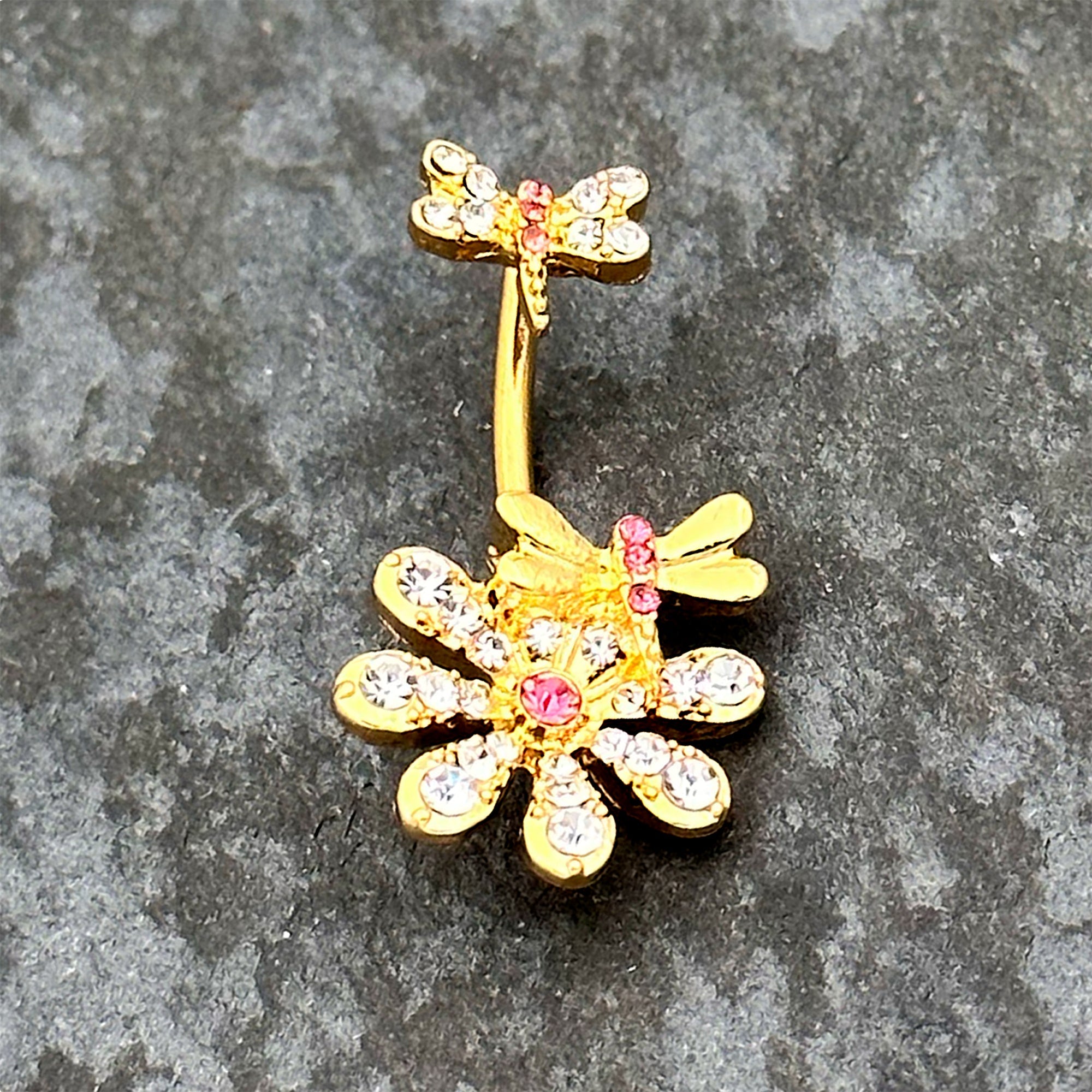 BodyCandy Clear Pink Gem Gold Tone Flower Bug Double Mount Belly Ring — lifestyle context