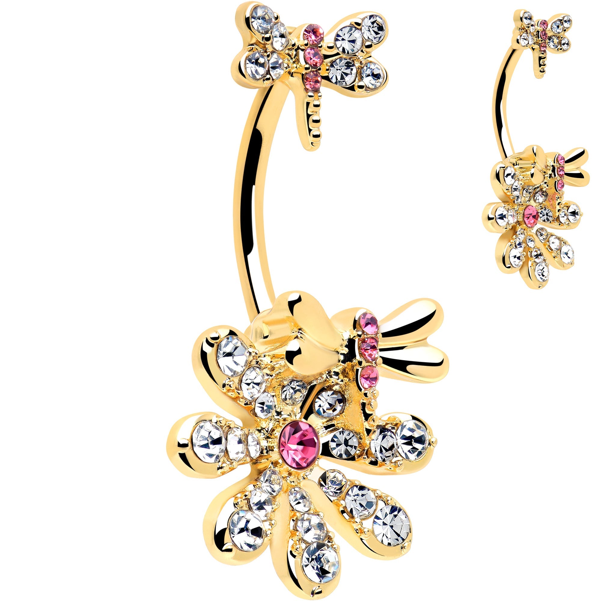 BodyCandy Clear Pink Gem Gold Tone Flower Bug Double Mount Belly Ring — main product shot
