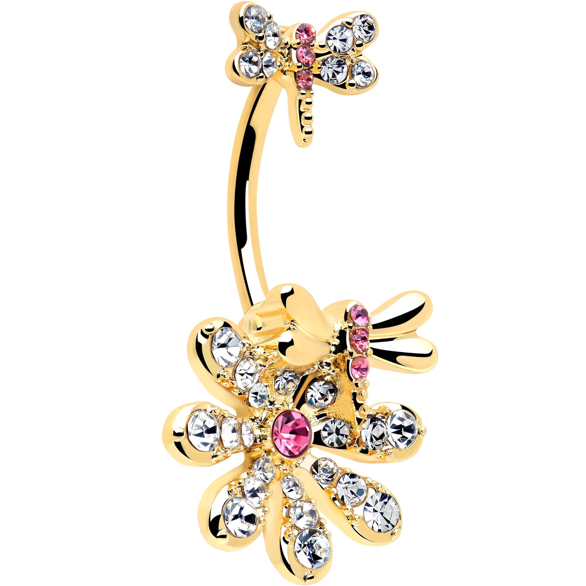BodyCandy Clear Pink Gem Gold Tone Flower Bug Double Mount Belly Ring — detail close-up