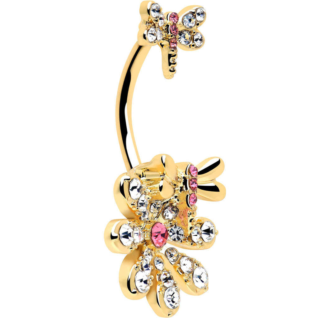 BodyCandy Clear Pink Gem Gold Tone Flower Bug Double Mount Belly Ring — side view