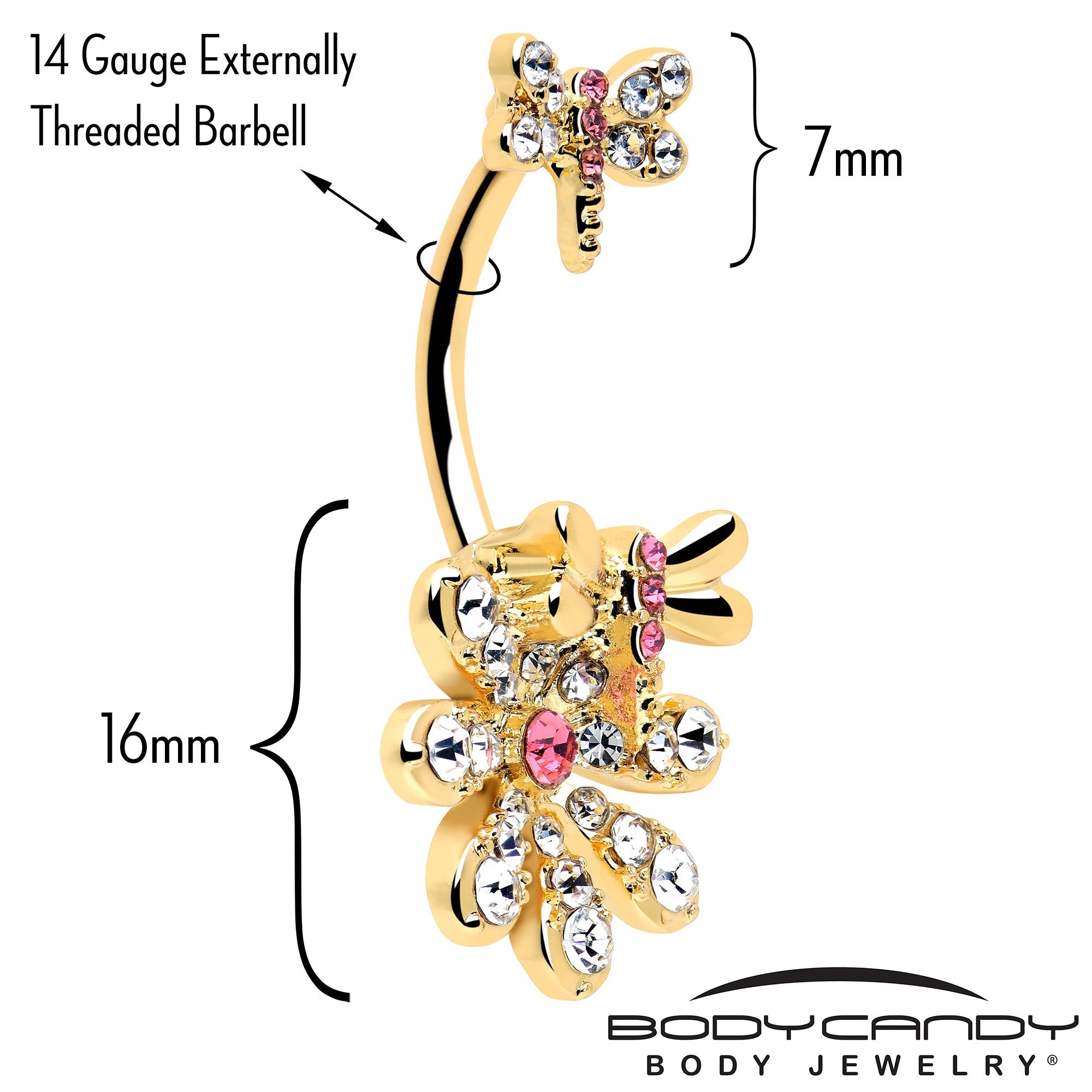 BodyCandy Clear Pink Gem Gold Tone Flower Bug Double Mount Belly Ring — back view