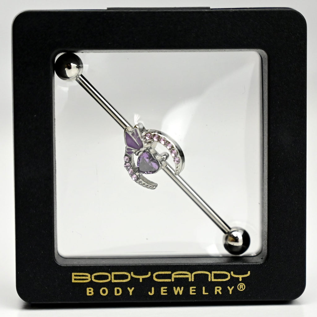 BodyCandy 14G Purple Gem Moon Butterfly Heart Industrial Barbell 38mm — main product shot