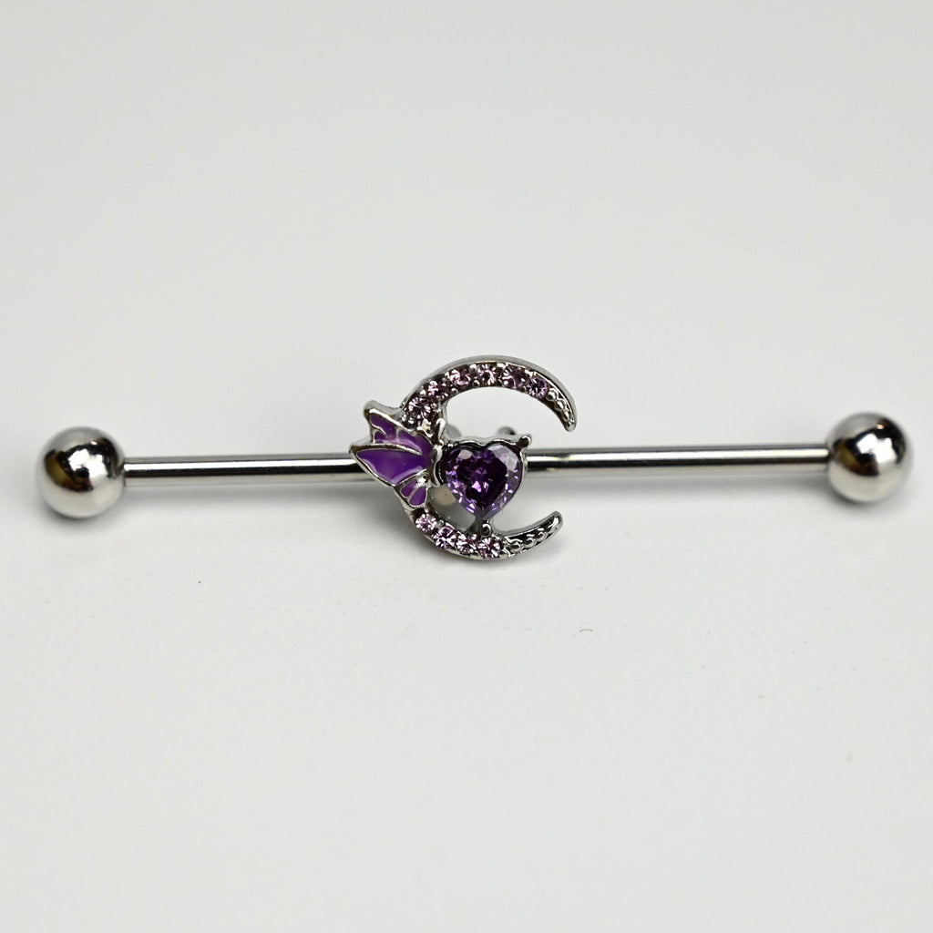 BodyCandy 14G Purple Gem Moon Butterfly Heart Industrial Barbell 38mm — detail close-up