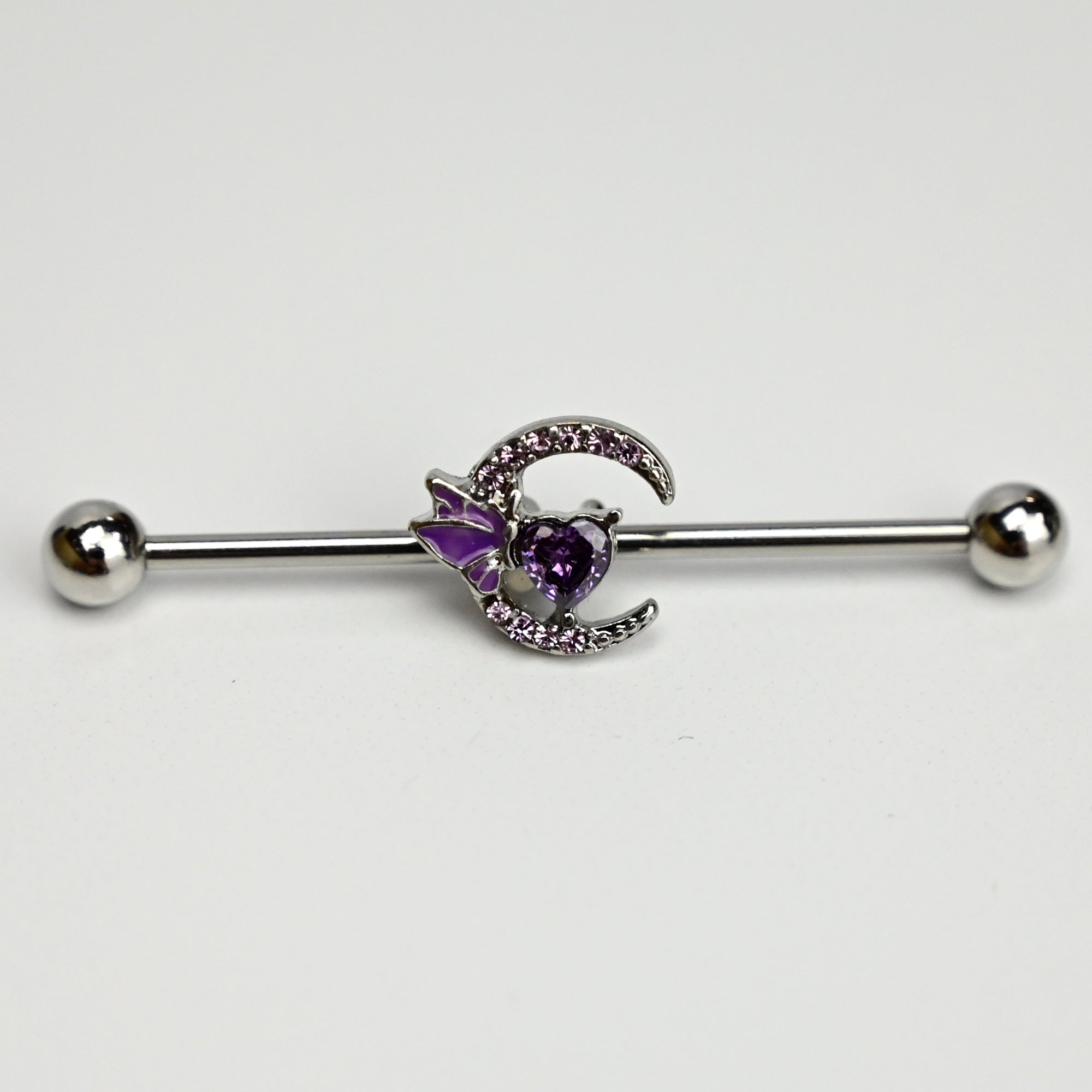 BodyCandy 14G Purple Gem Moon Butterfly Heart Industrial Barbell 38mm — detail close-up