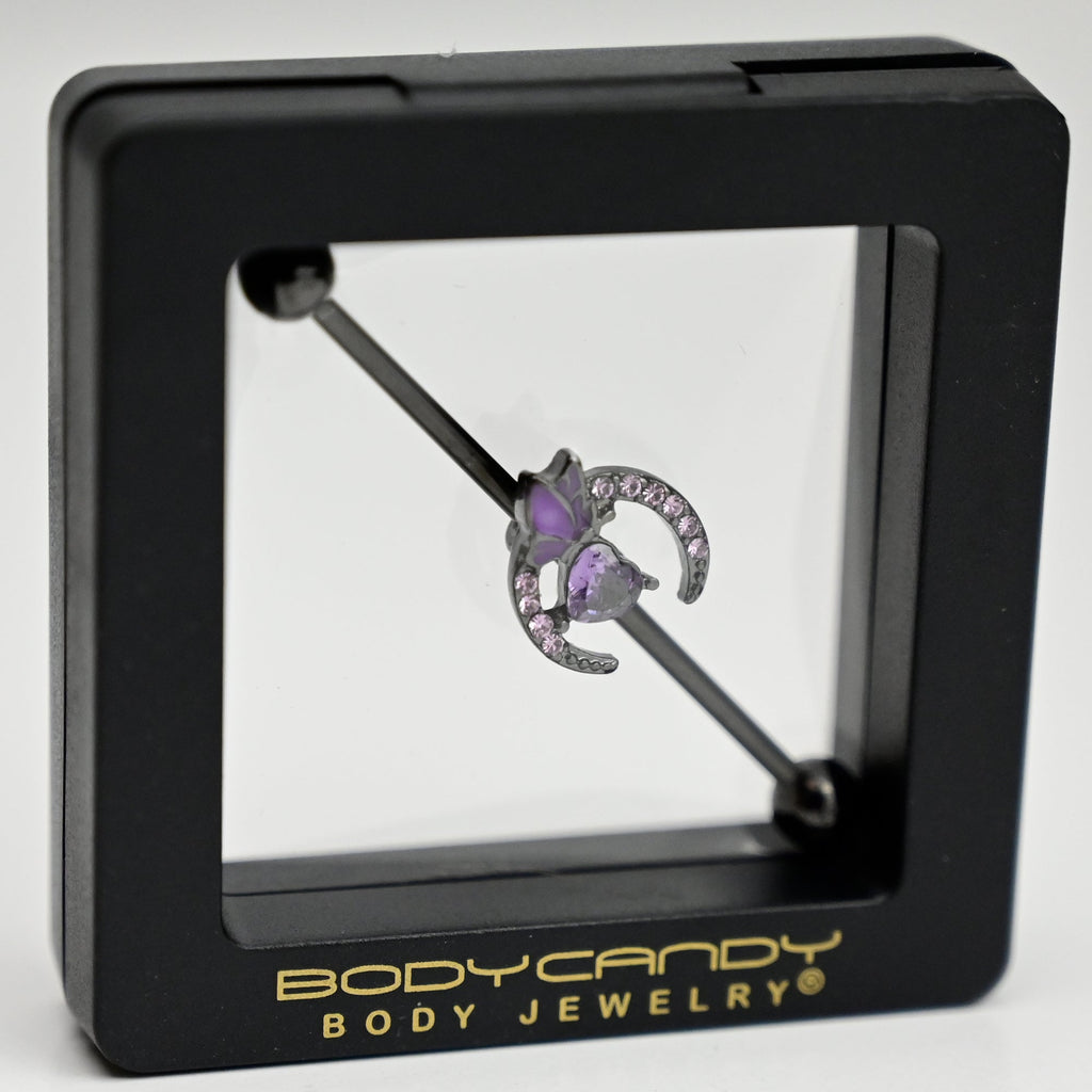BodyCandy 14G Purple Gem Black Moon Butterfly Heart Industrial Barbell 38mm — detail close-up