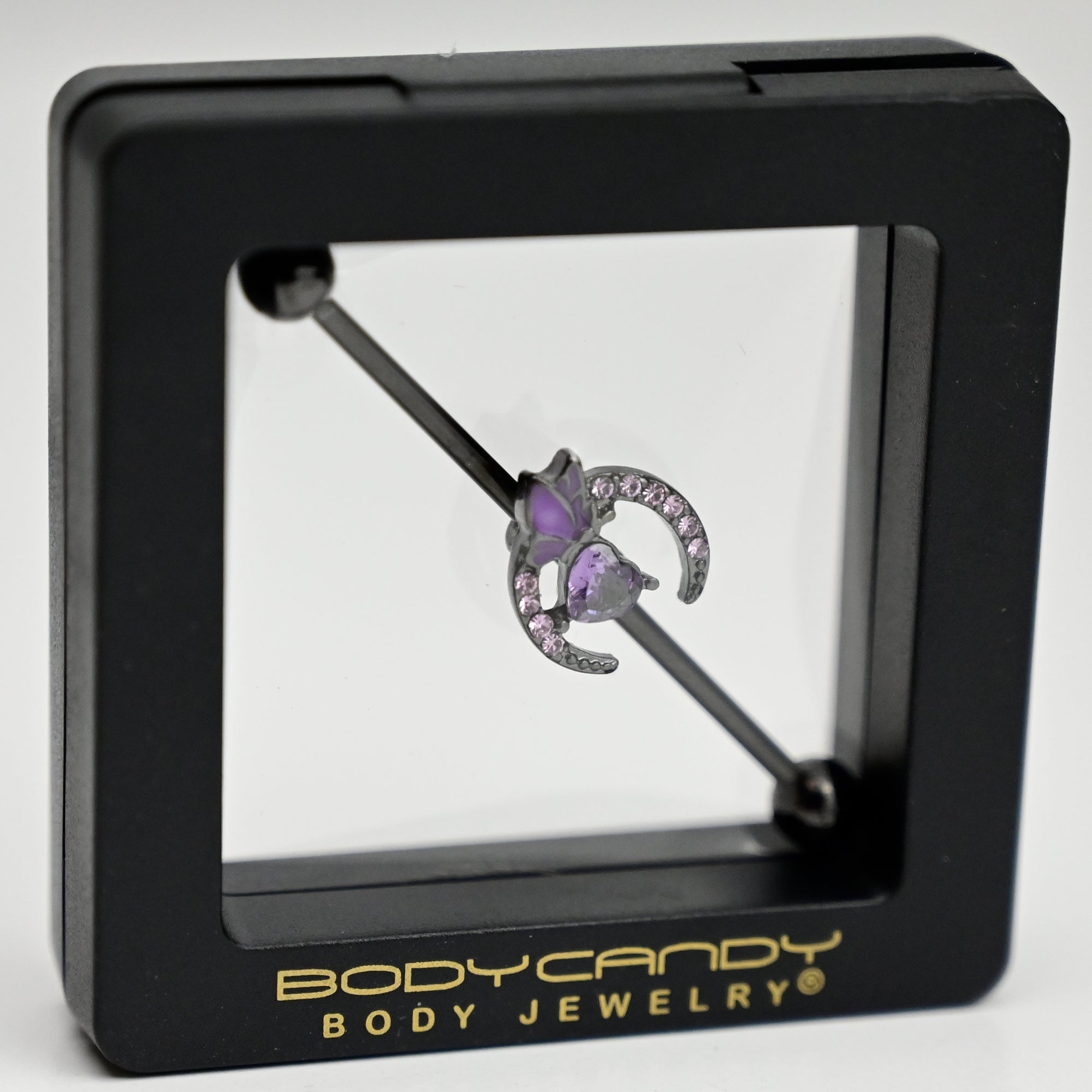 BodyCandy 14G Purple Gem Black Moon Butterfly Heart Industrial Barbell 38mm — detail close-up