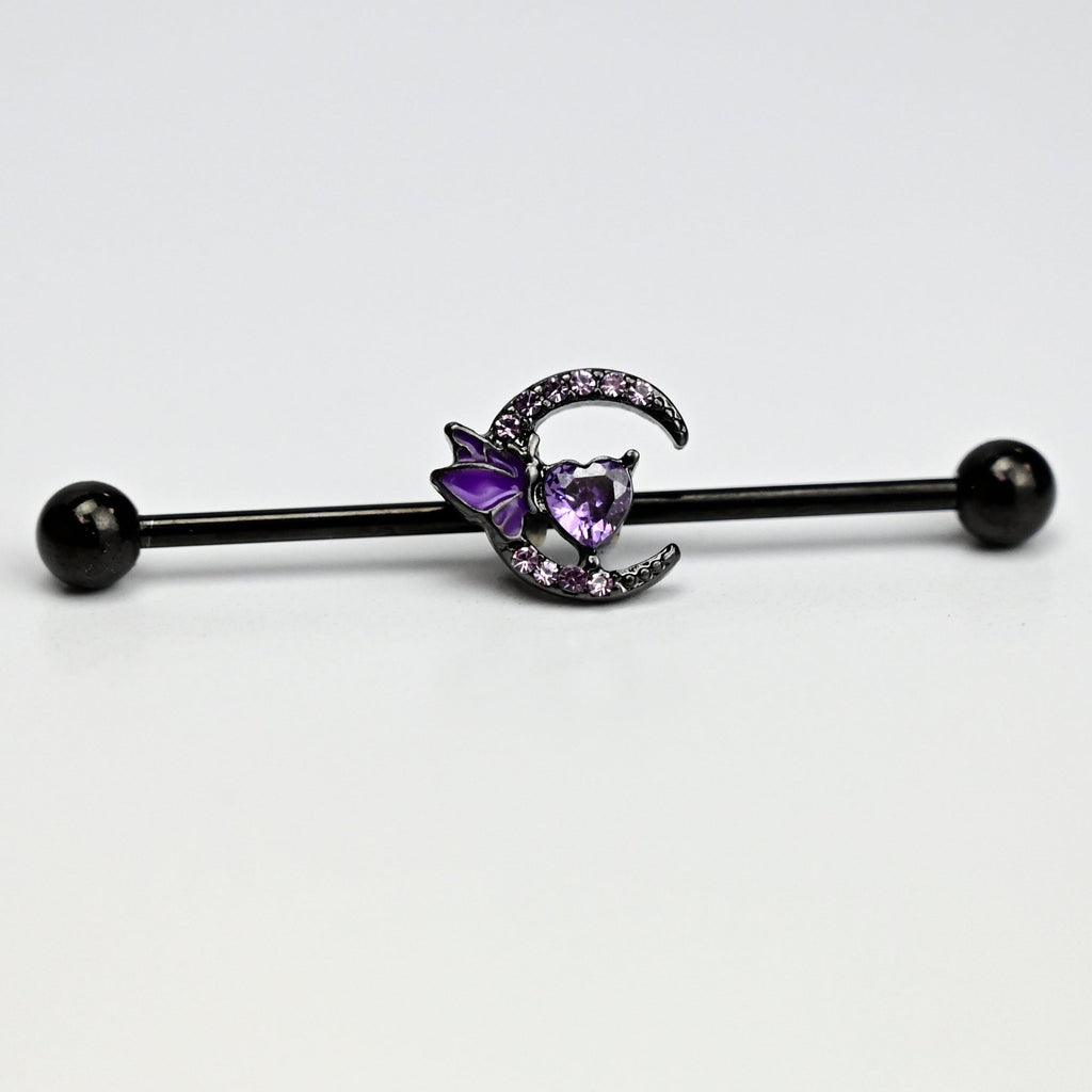 BodyCandy 14G Purple Gem Black Moon Butterfly Heart Industrial Barbell 38mm — main product shot
