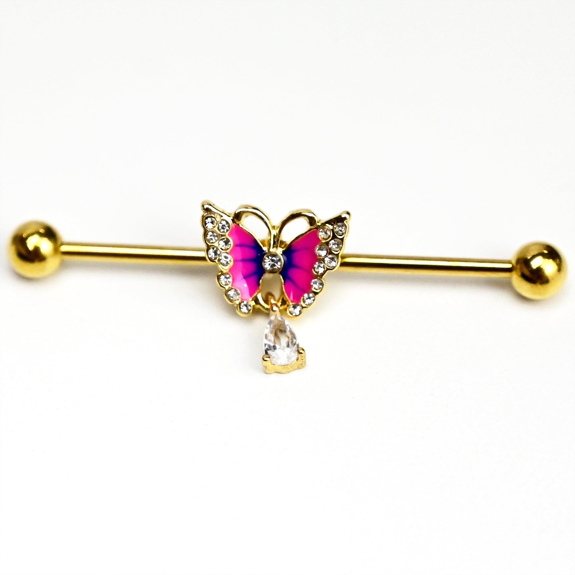 BodyCandy 14G Clear Gem Gold Hue Butterfly Pink Dangle Industrial Barbell 38mm — main product shot