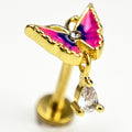 BodyCandy 16G 5/16 Clear Gem Gold Tone Butterfly Pink Dangle Labret Tragus — main product shot
