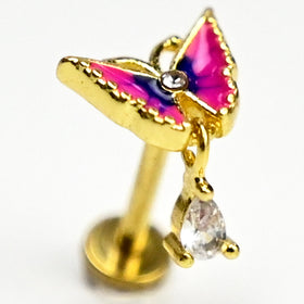 16G 5/16 Clear Gem Gold Tone Butterfly Pink Dangle Labret Tragus