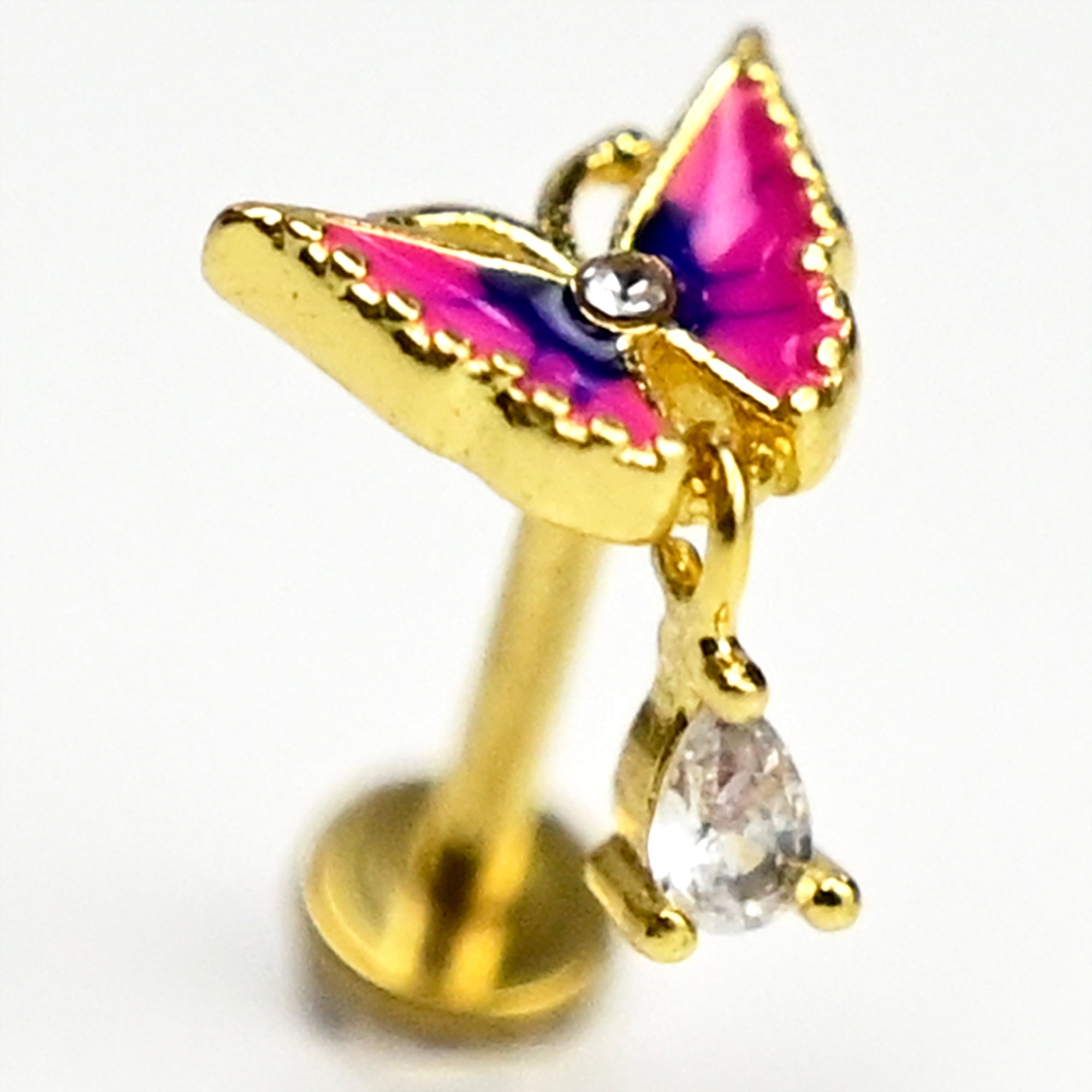 BodyCandy 16G 5/16 Clear Gem Gold Tone Butterfly Pink Dangle Labret Tragus — main product shot