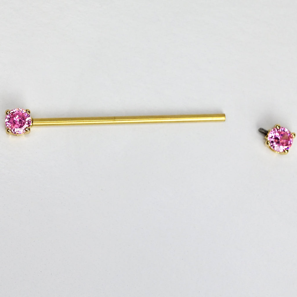 BodyCandy 14G Pink Gem Gold Tone Internally Threaded Industrial Barbell 38mm — main product shot